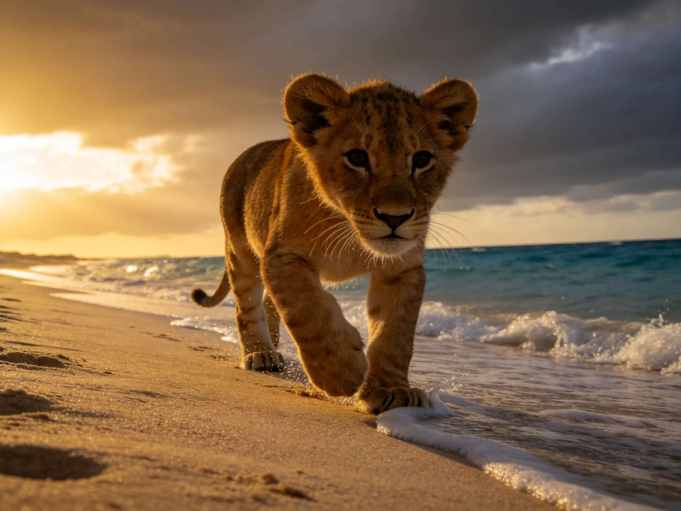 A young lion cub explores a sandy beach at sunset
