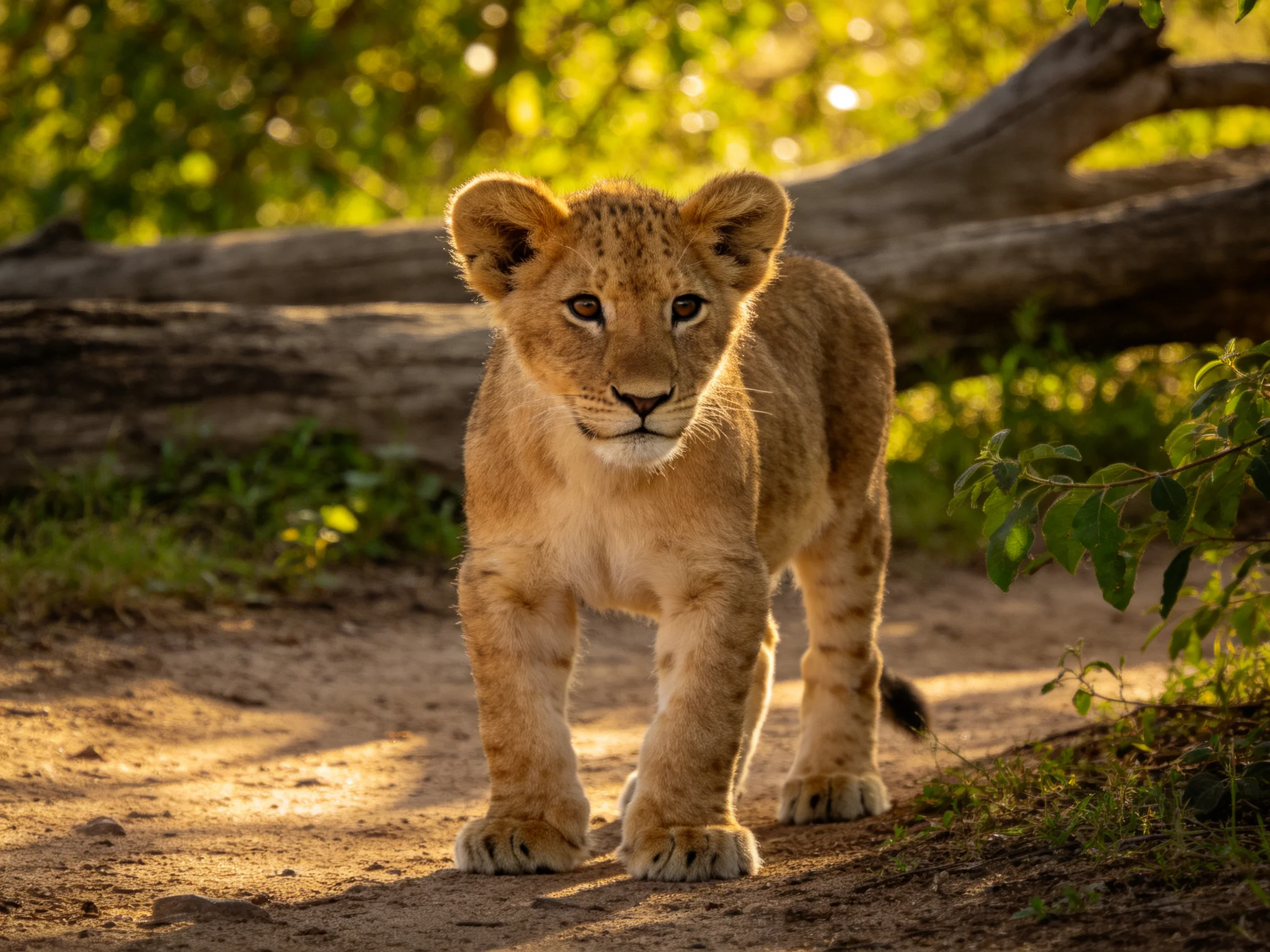 A young lion cub explores a sunlit forest path near fallen logs