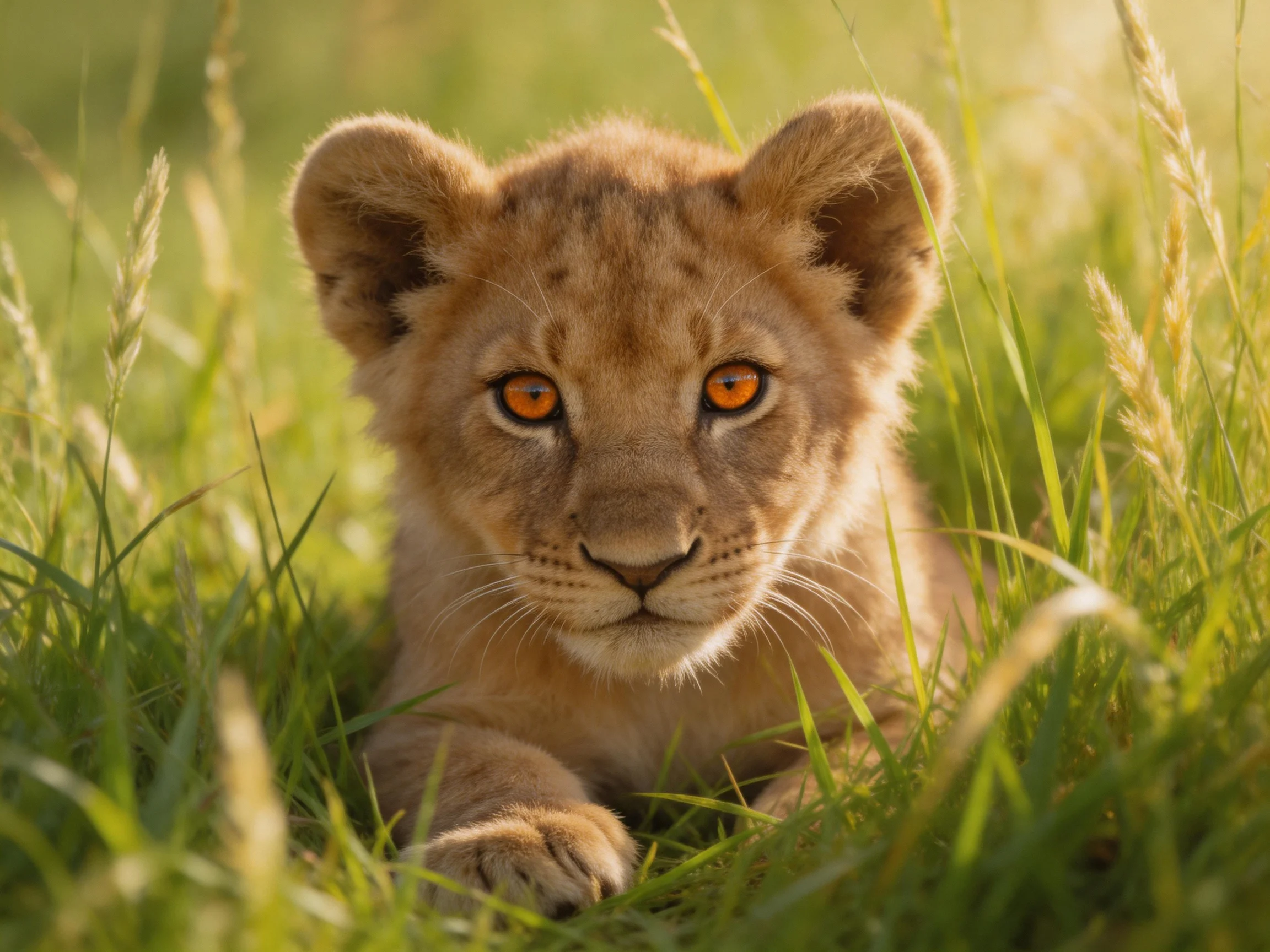A young lion cub nestled in tall green grass with bright eyes