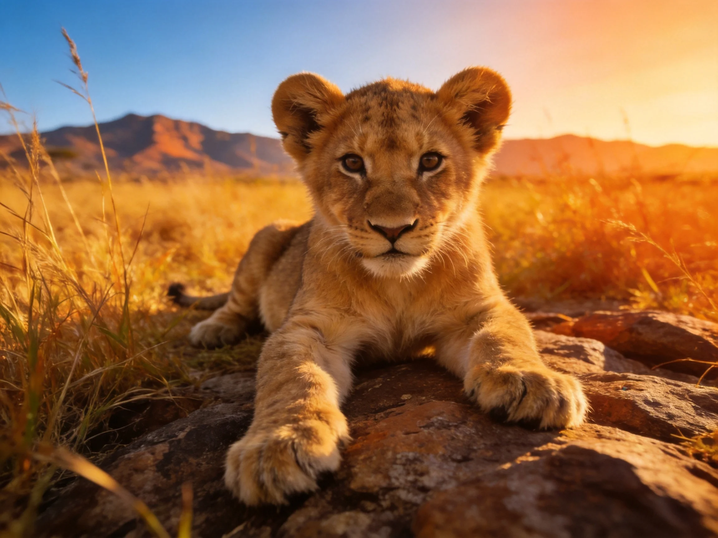 A young lion cub resting on rocky terrain in golden savannah light