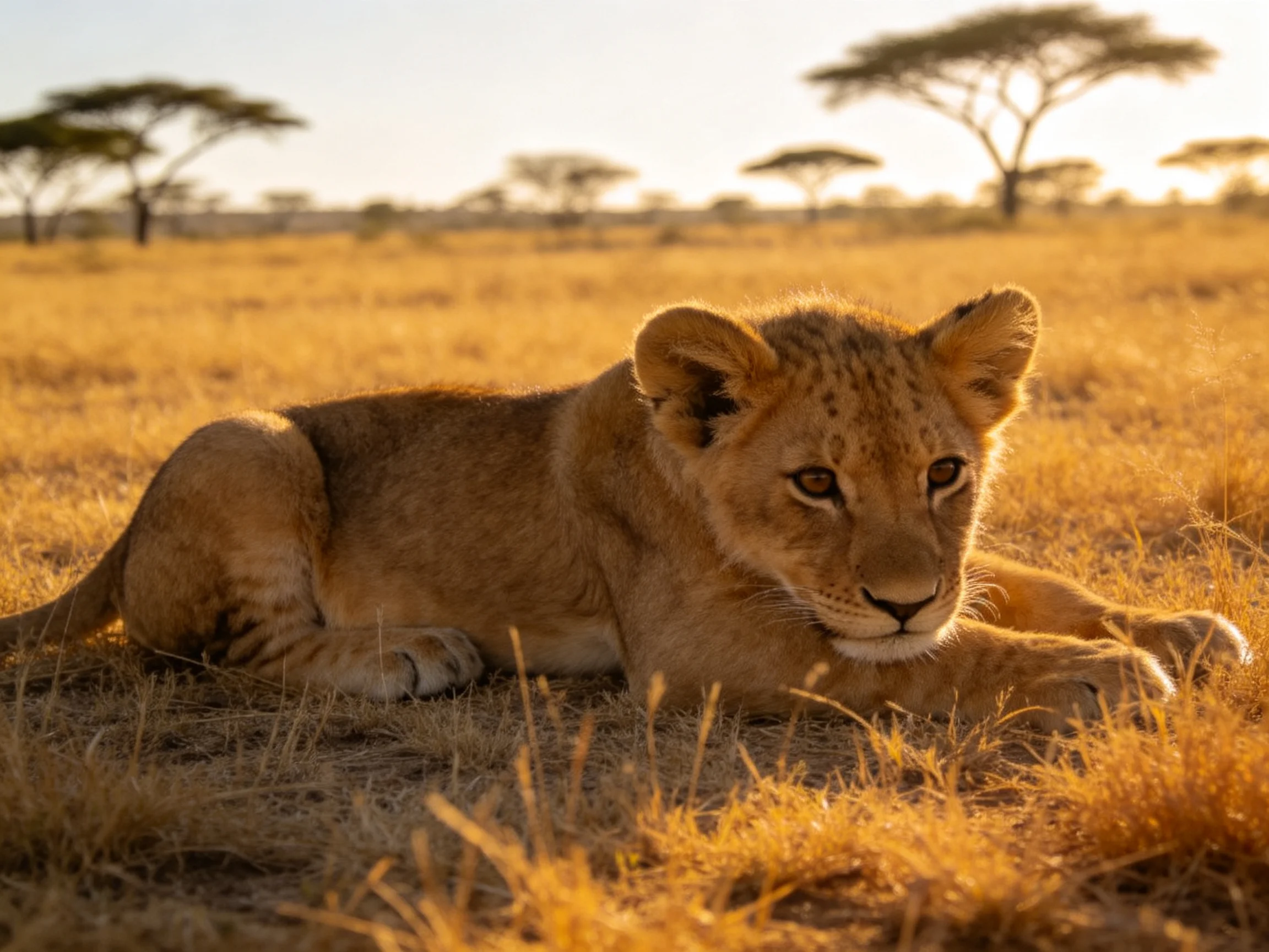 A young lion cub rests in golden savannah grass near acacia trees