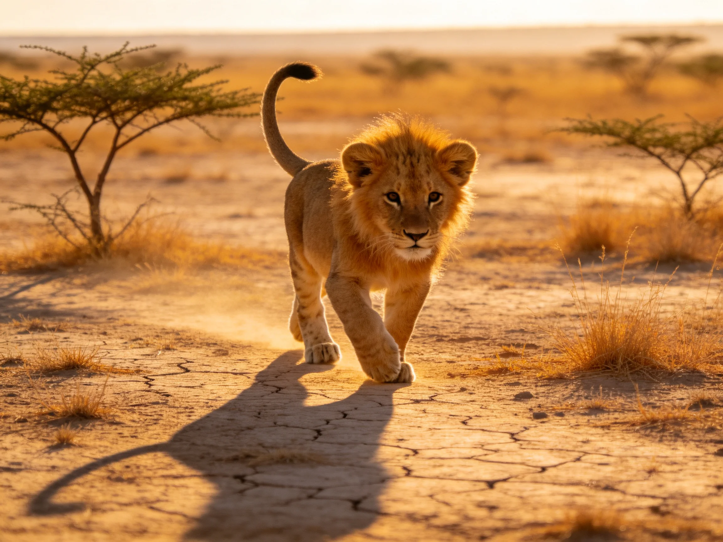 A young lion cub roams a golden savannah landscape