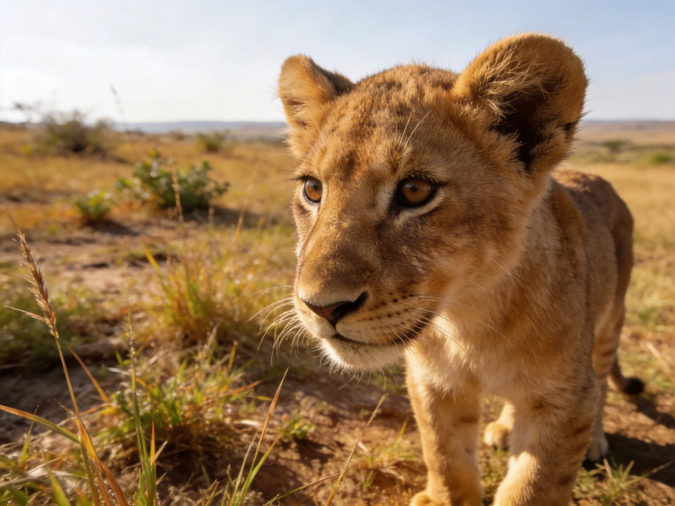 A young lion cub roams a sunlit savannah landscape