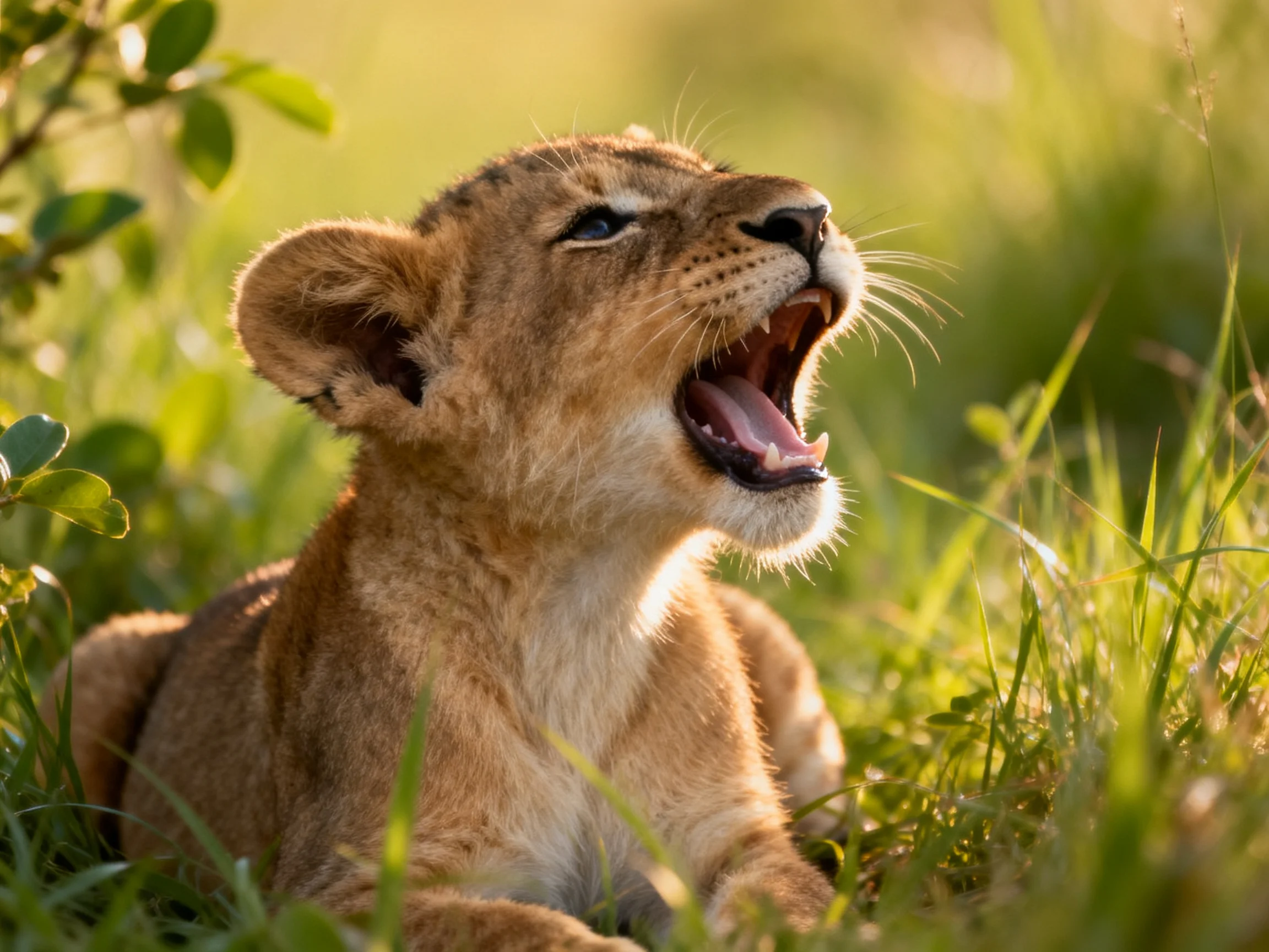 A young lion cub yawns while resting in sunlit grass.