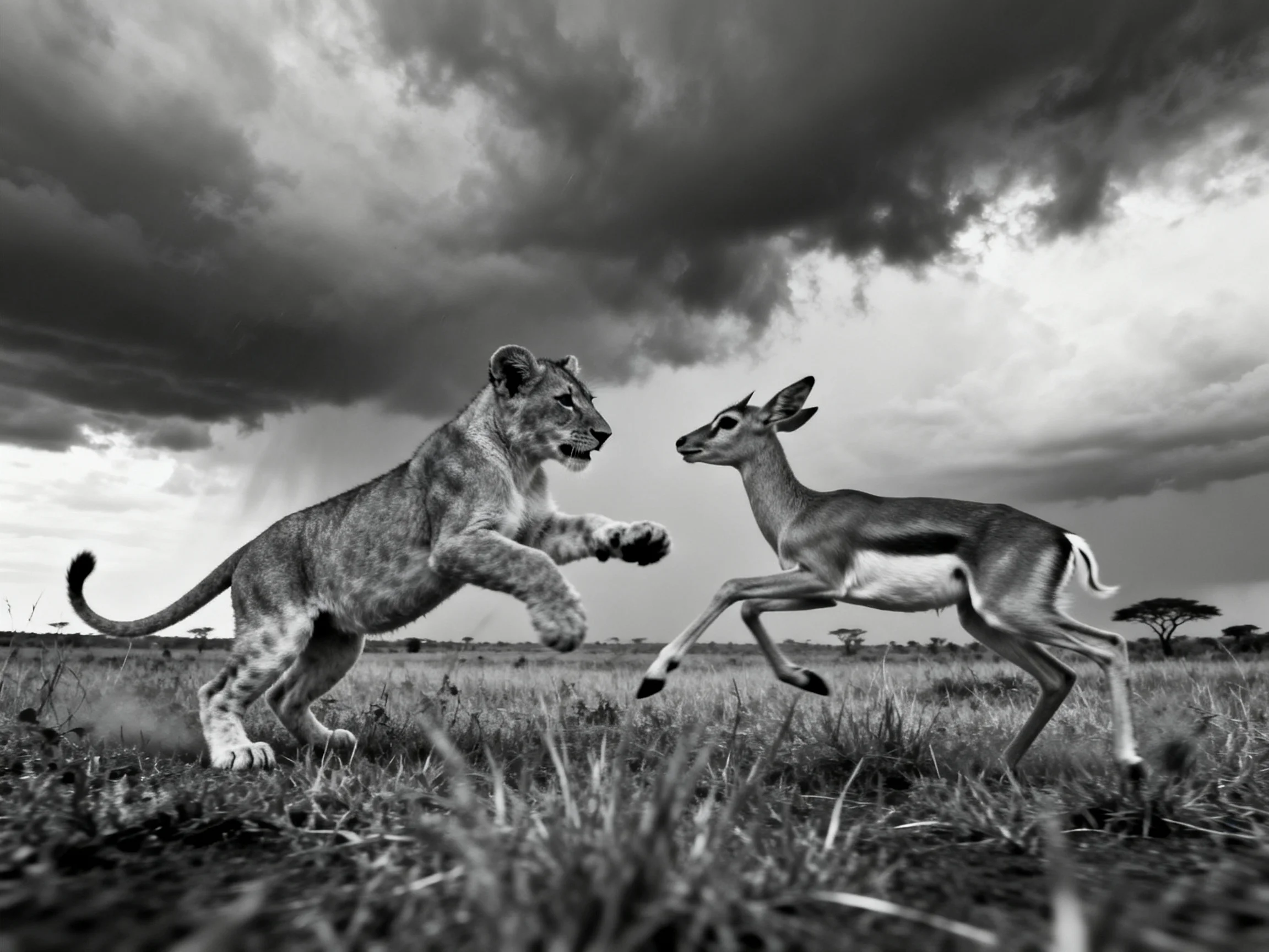 A young lioness confronts a leaping antelope under stormy skies