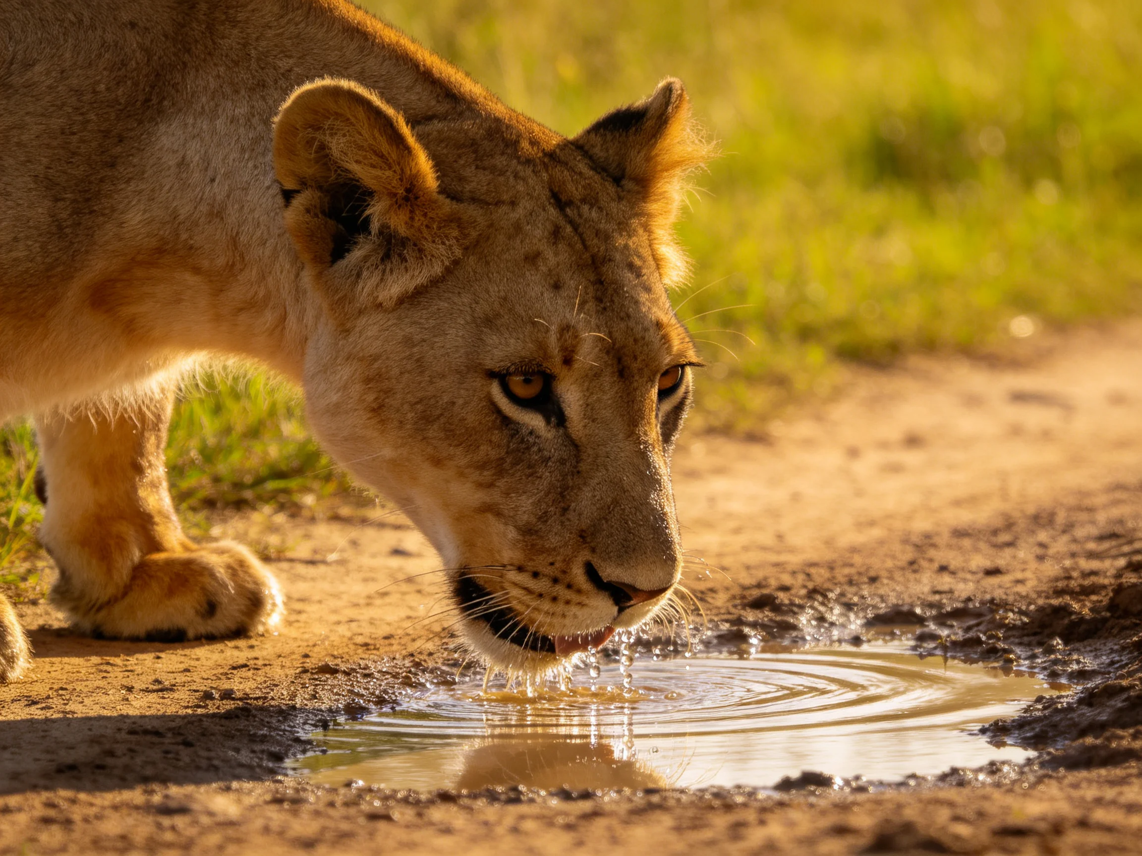 A young lioness drinks from a small muddy puddle under warm sunlight