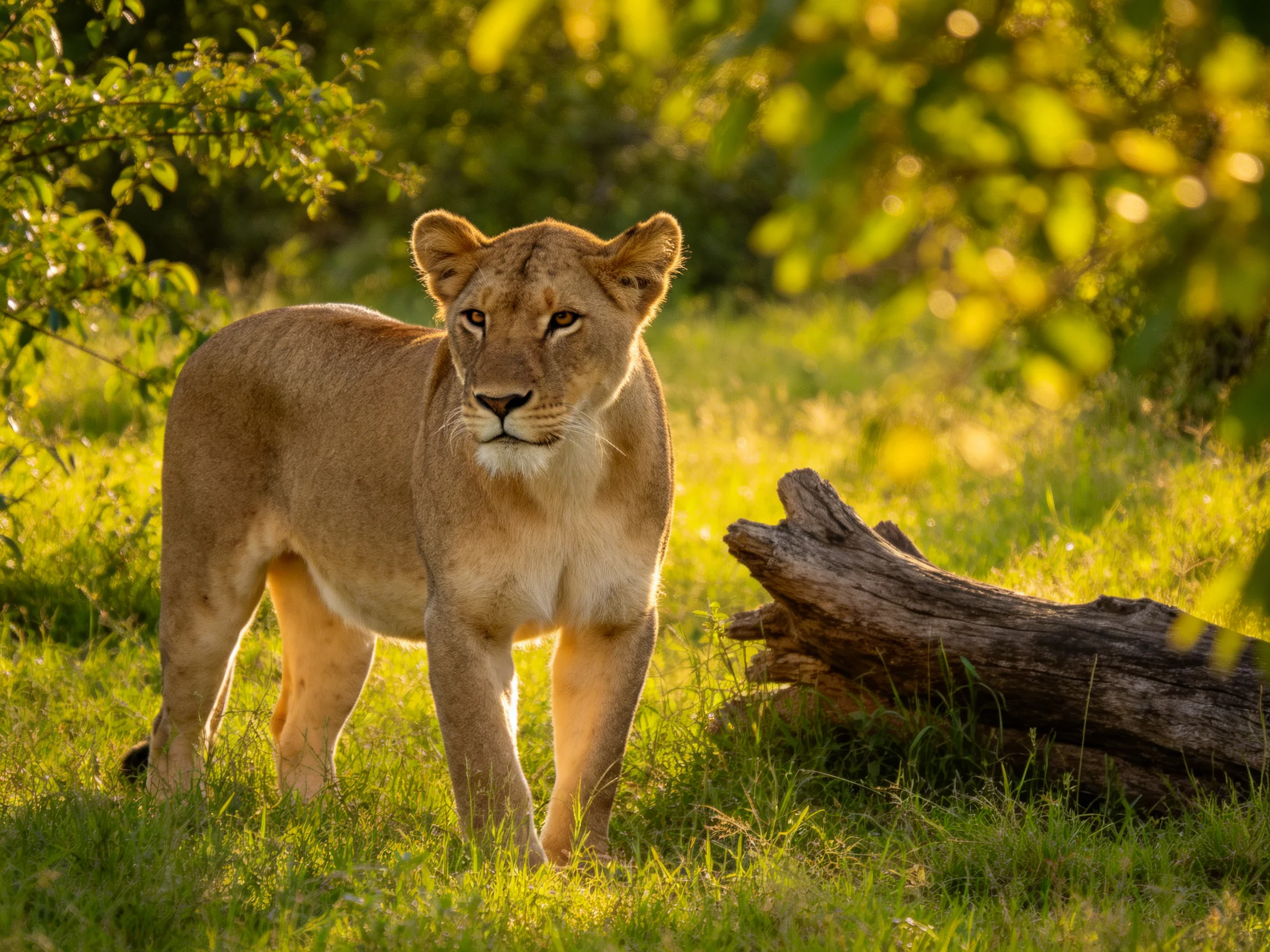 A young lioness in sunlit greenery near a fallen log