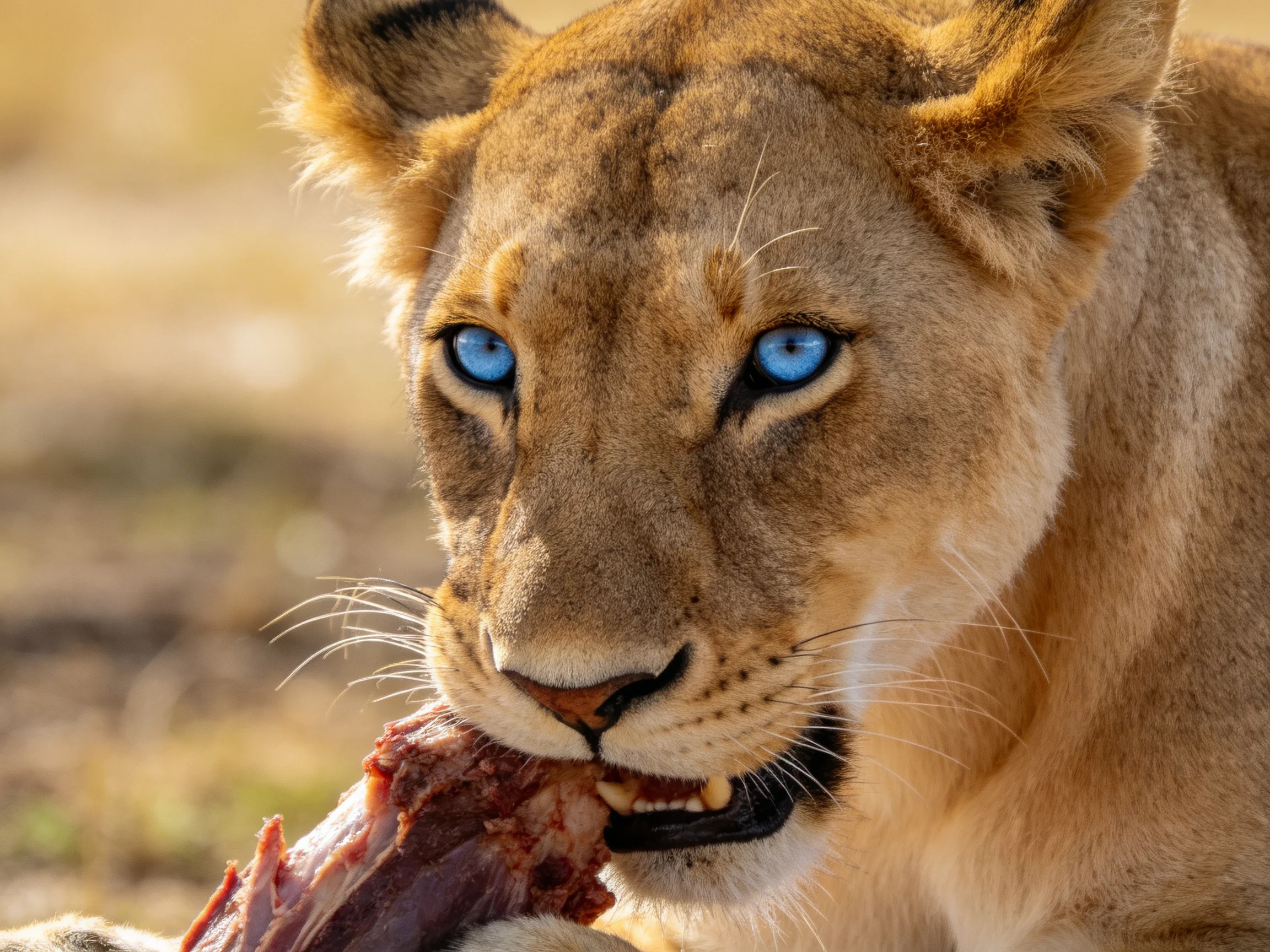 A young lioness with bright blue eyes eats raw meat in a savannah