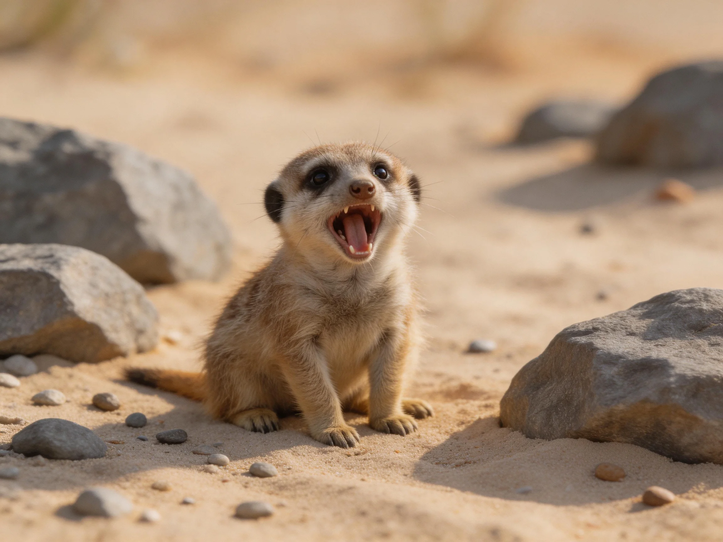 A young meerkat sits amid sandy terrain with scattered rocks