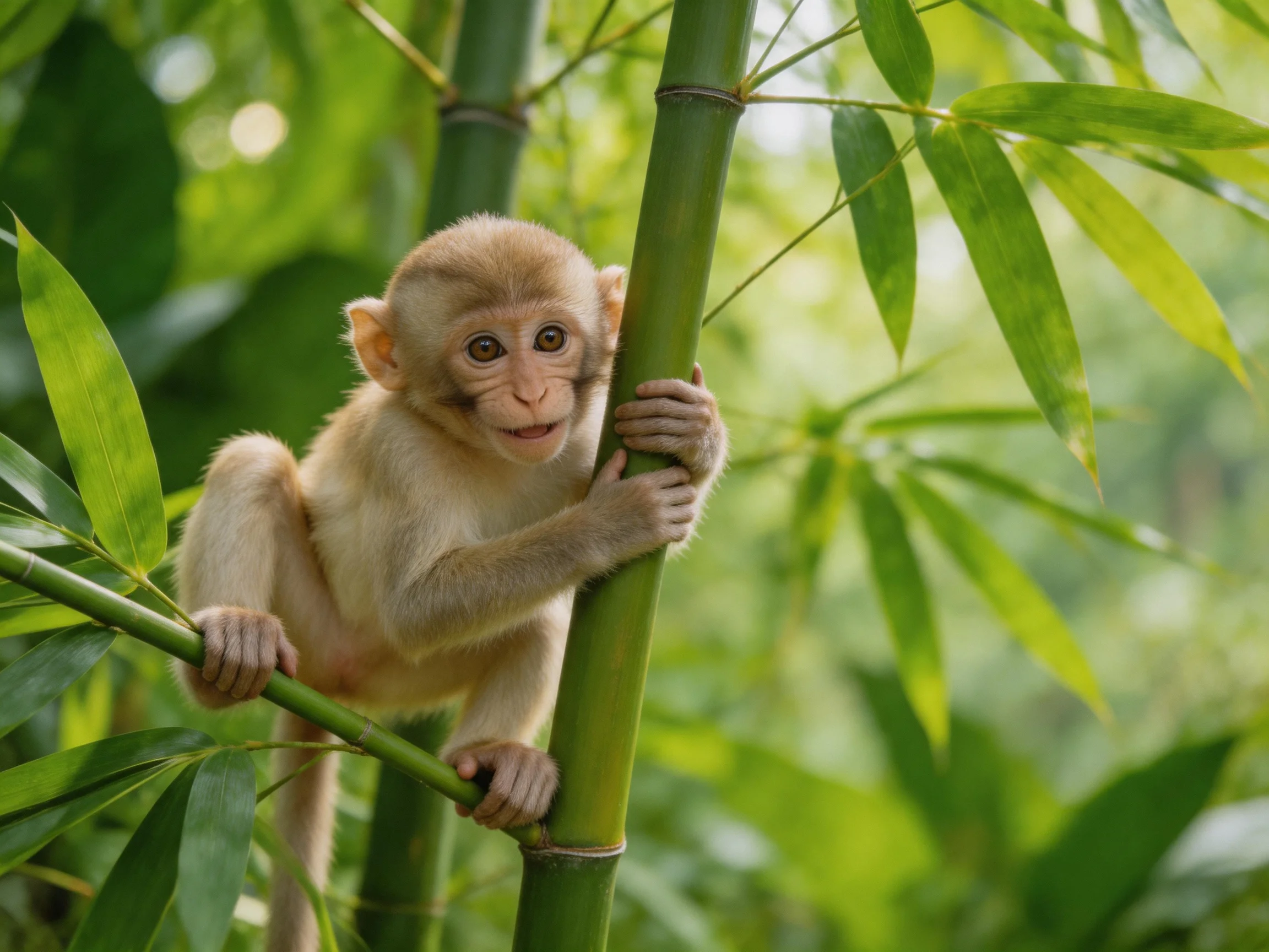 A young monkey clings to vibrant bamboo stalks amid lush greenery
