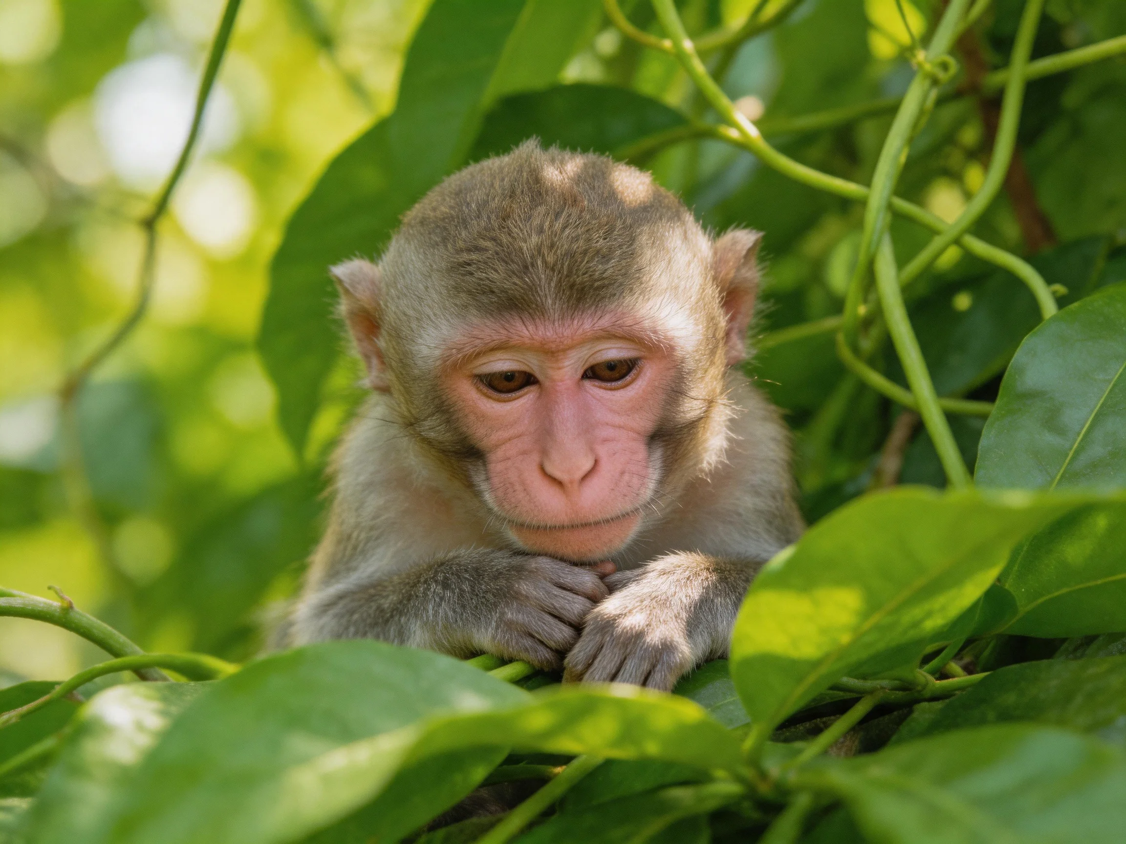 A young monkey nestled among vibrant green foliage in bright daylight