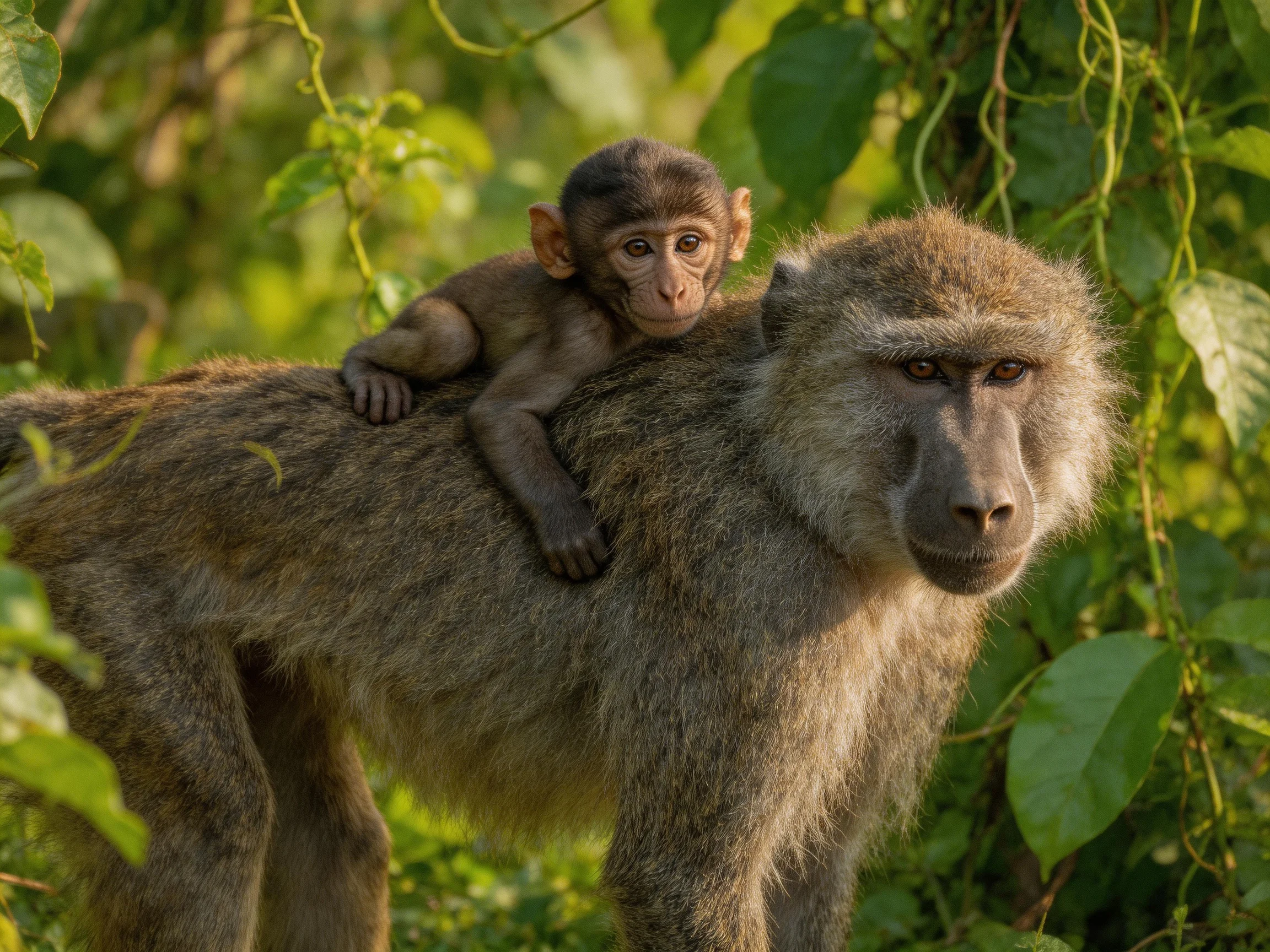 A young monkey rests on an adult baboon in a verdant forest setting.