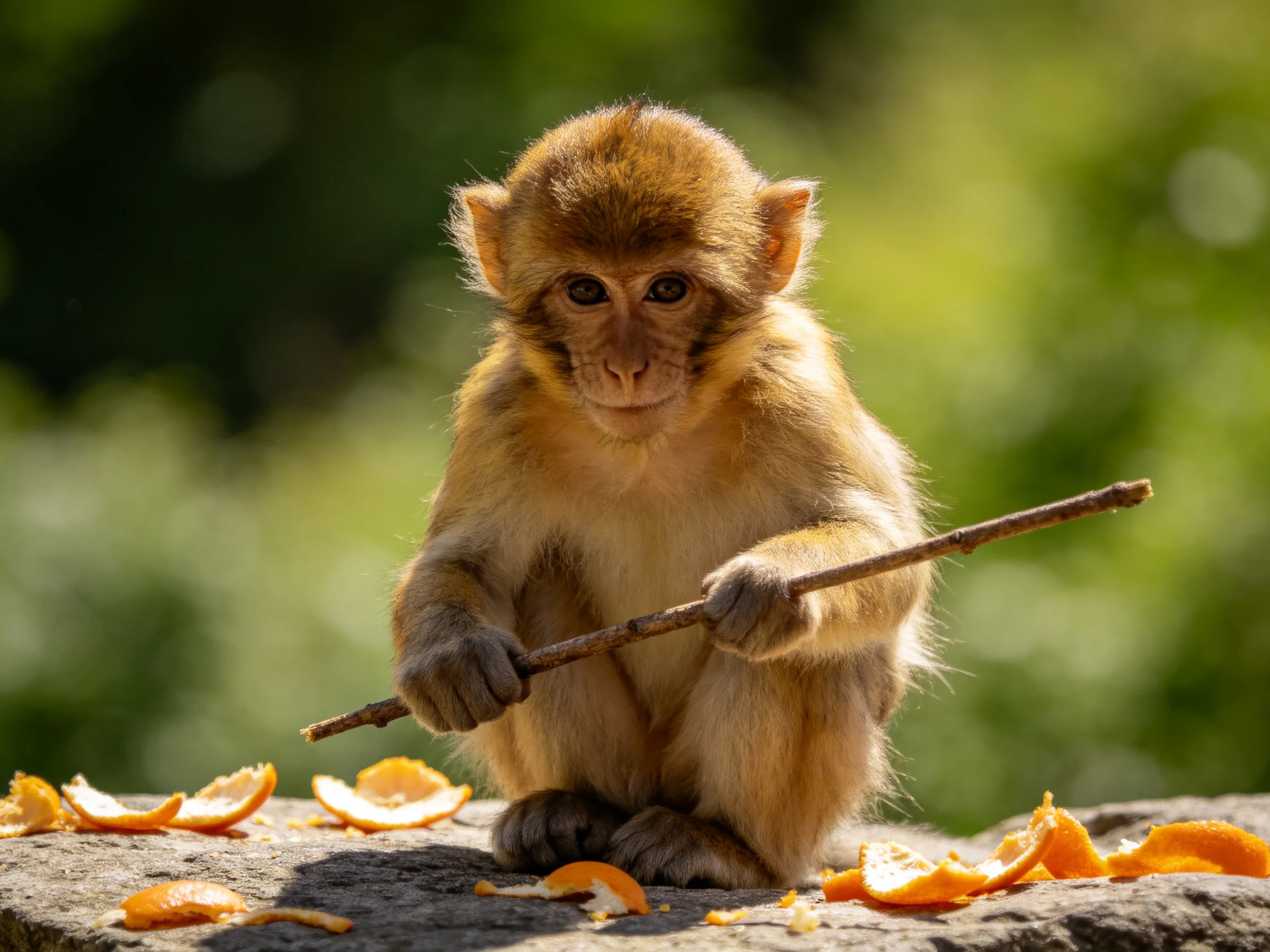 A young monkey with goldenfur holds a stick near scattered orange peels