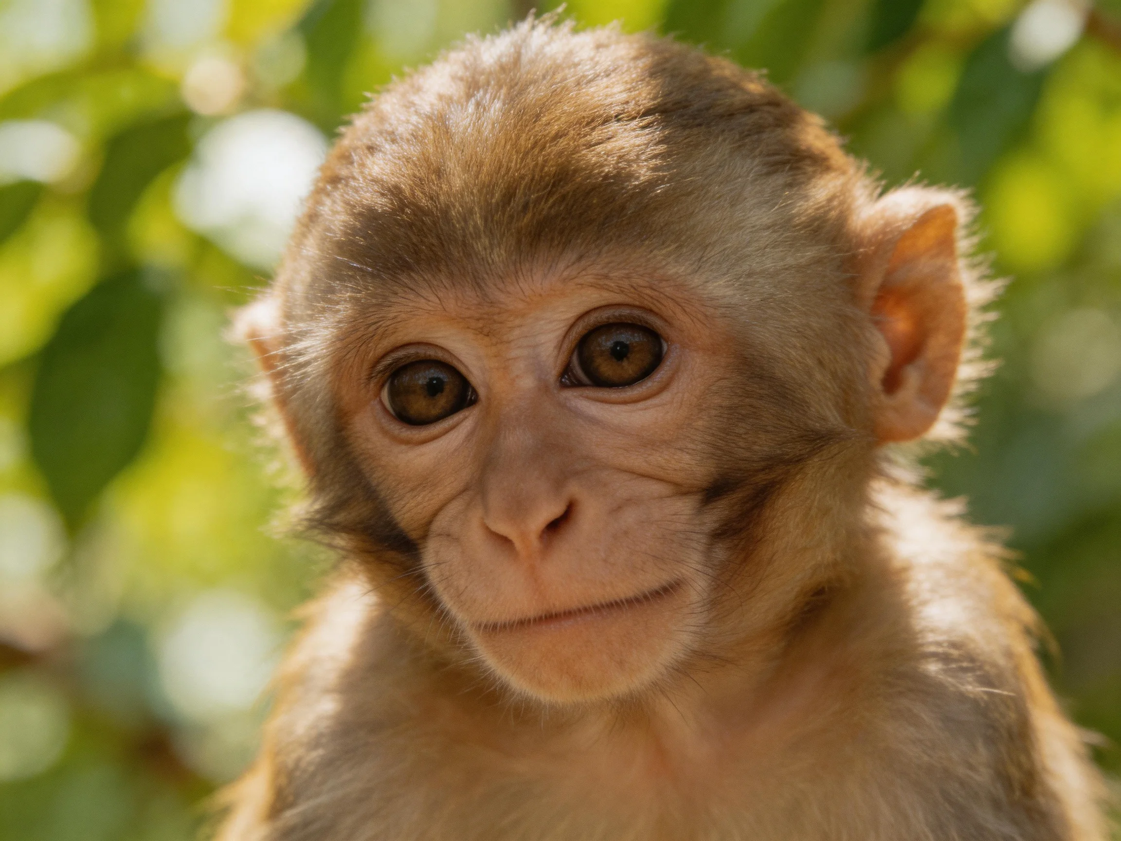 A young monkey with light brown fur near green foliage