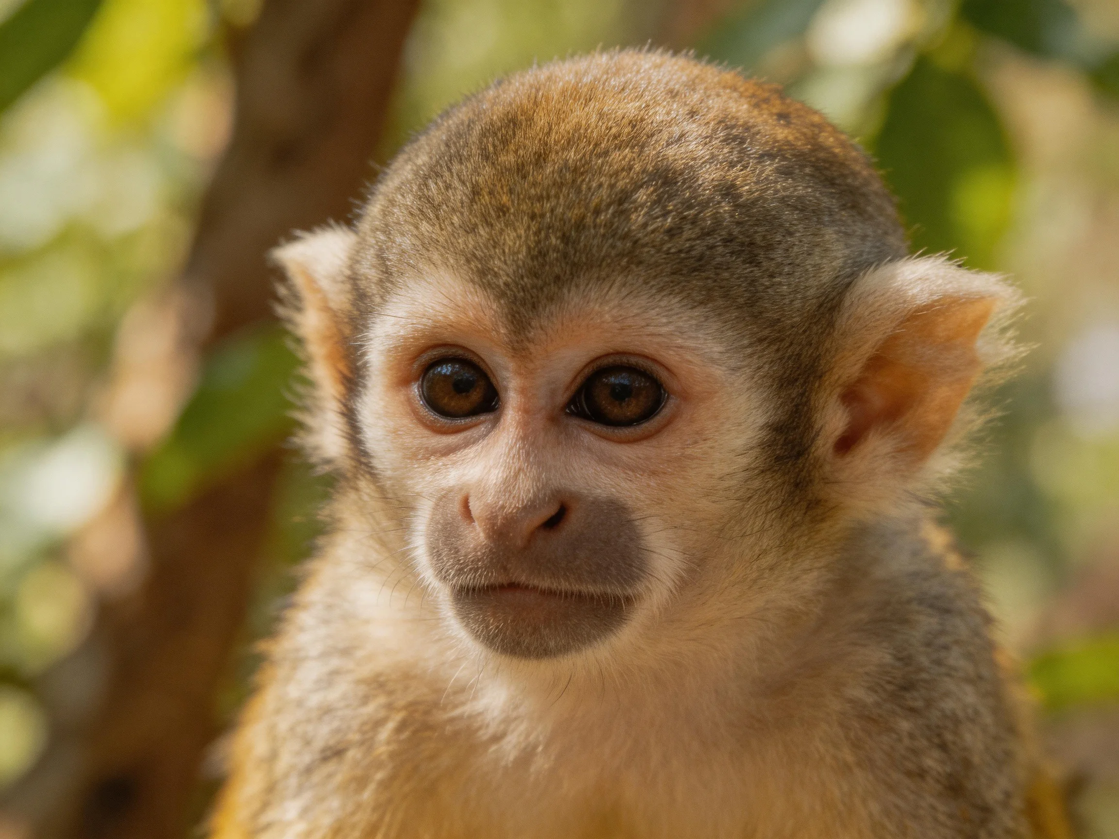 A young monkey with soft brown fur in sun-dappled forest surroundings
