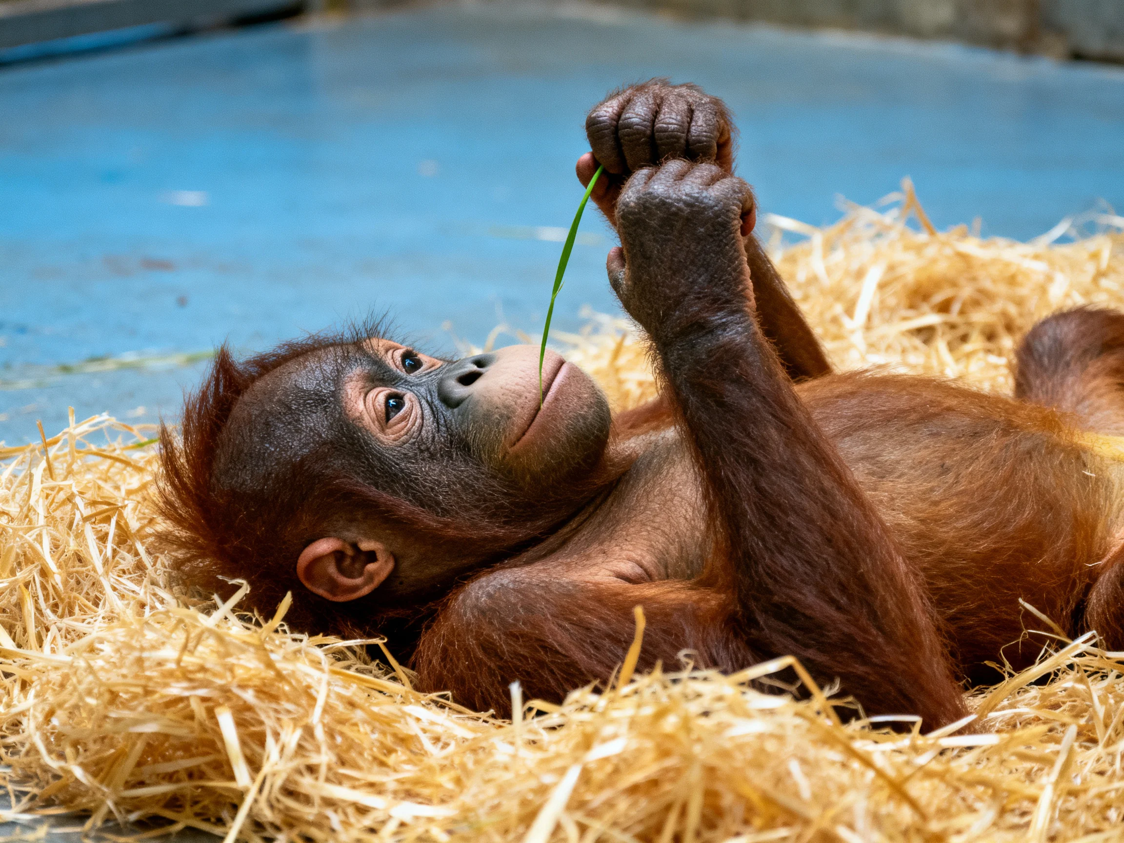 A young orangutan reclines on straw with a green stem