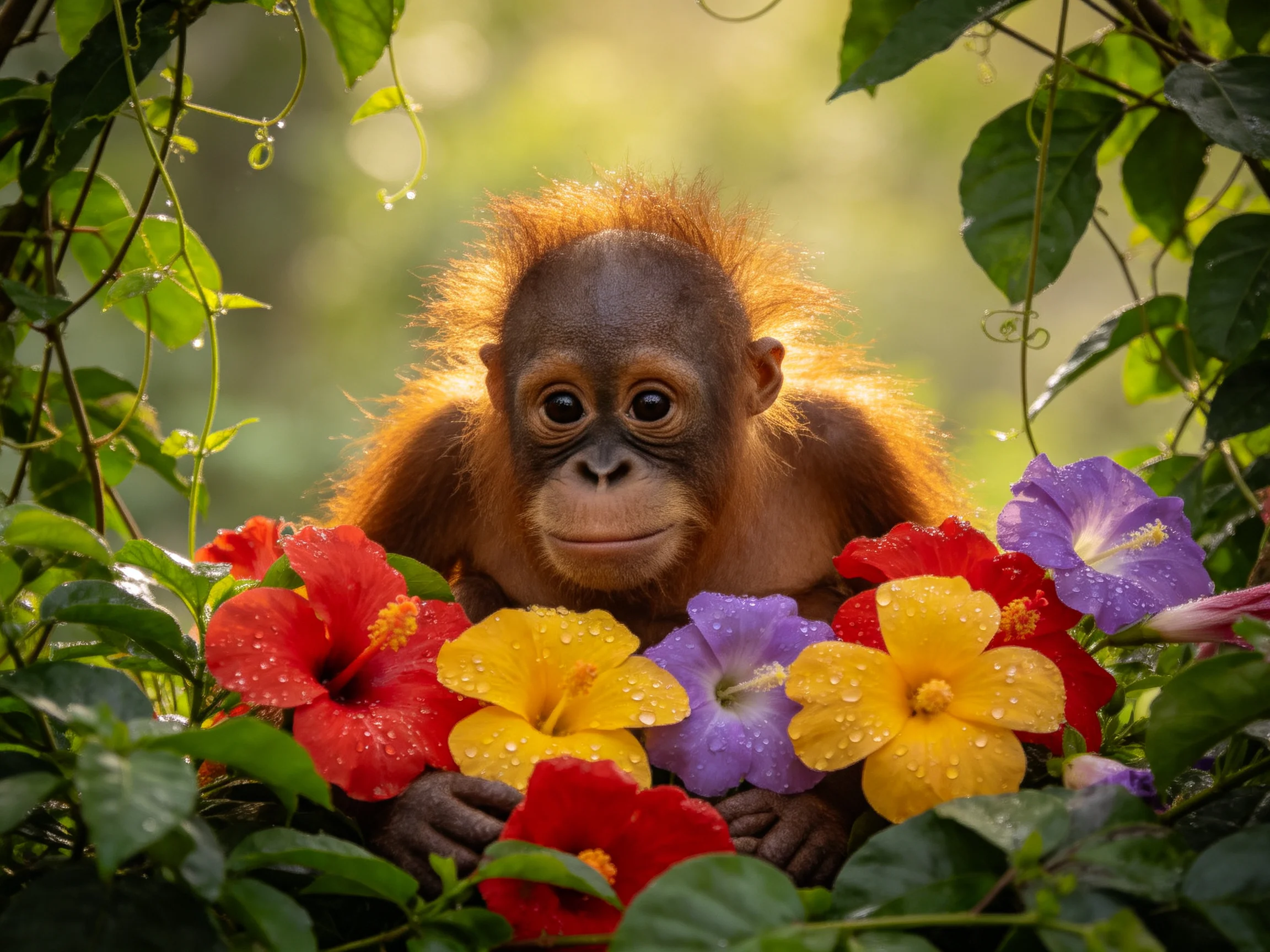 A young orangutan surrounded by colorful hibiscus flowers in lush greenery