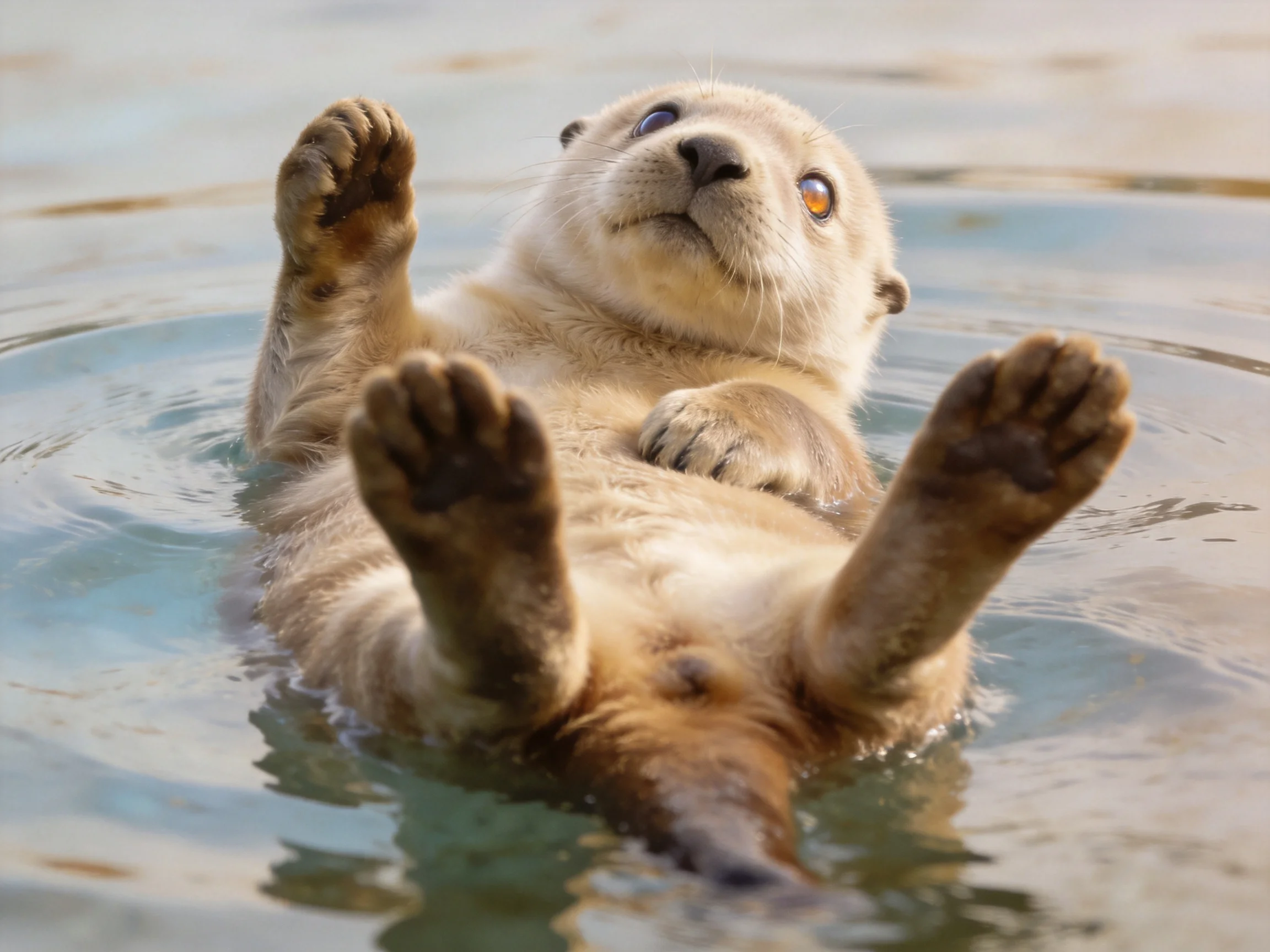 A young otter floats joyfully in clear, light-blue water