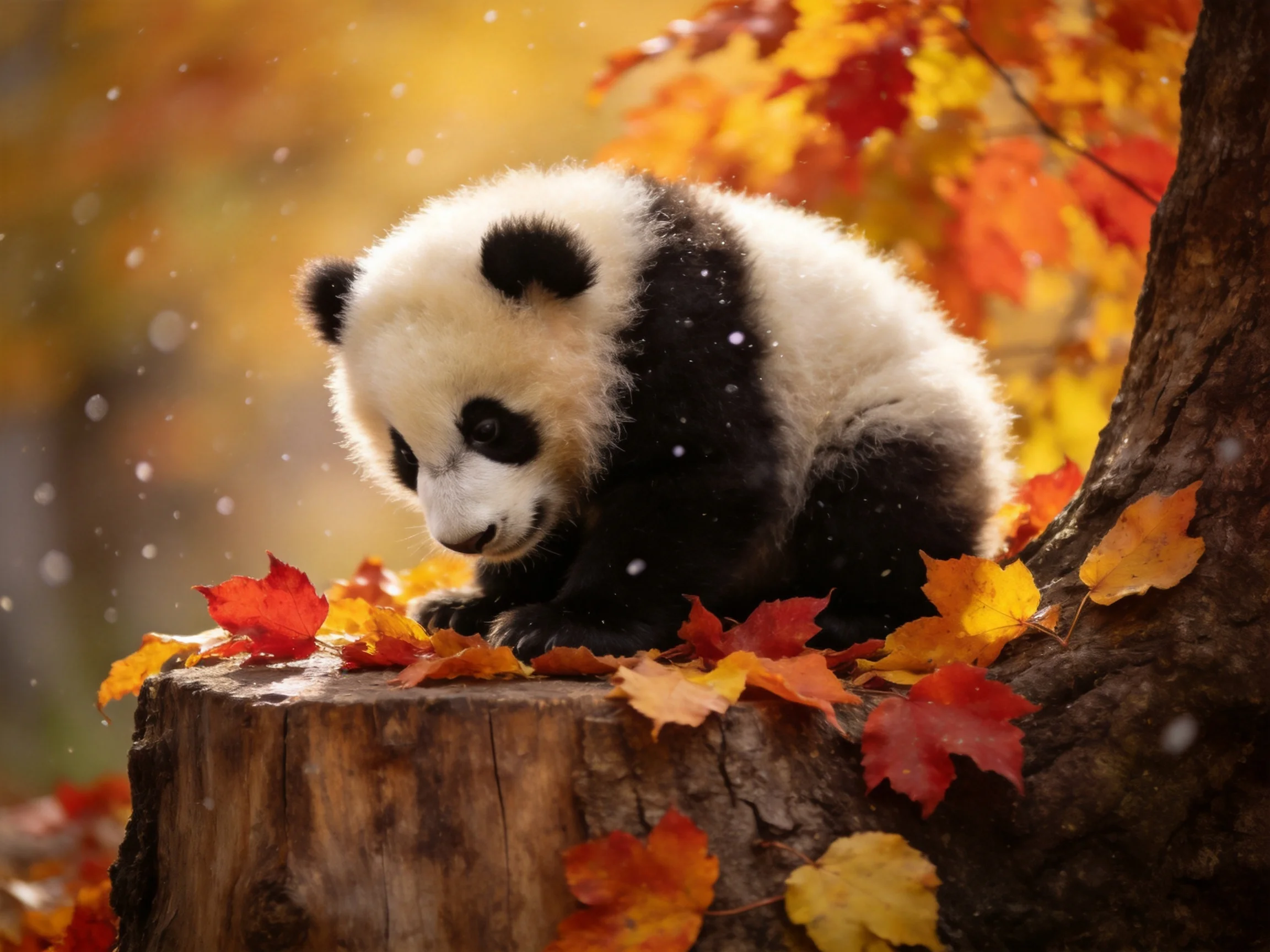 A young panda cub sits among colorful autumn leaves on a tree stump