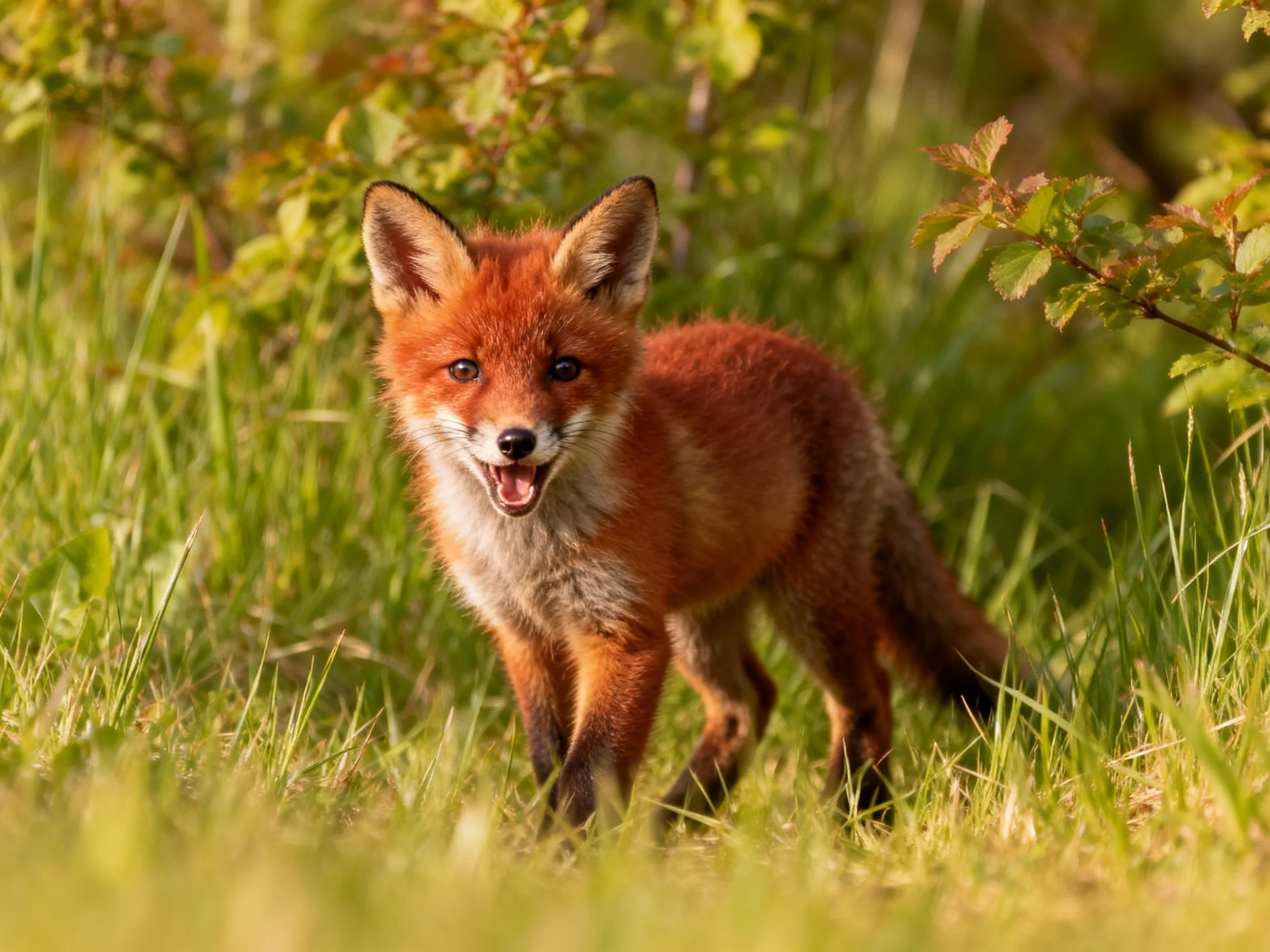 A young red fox stands amid lush green foliage under bright sunlight