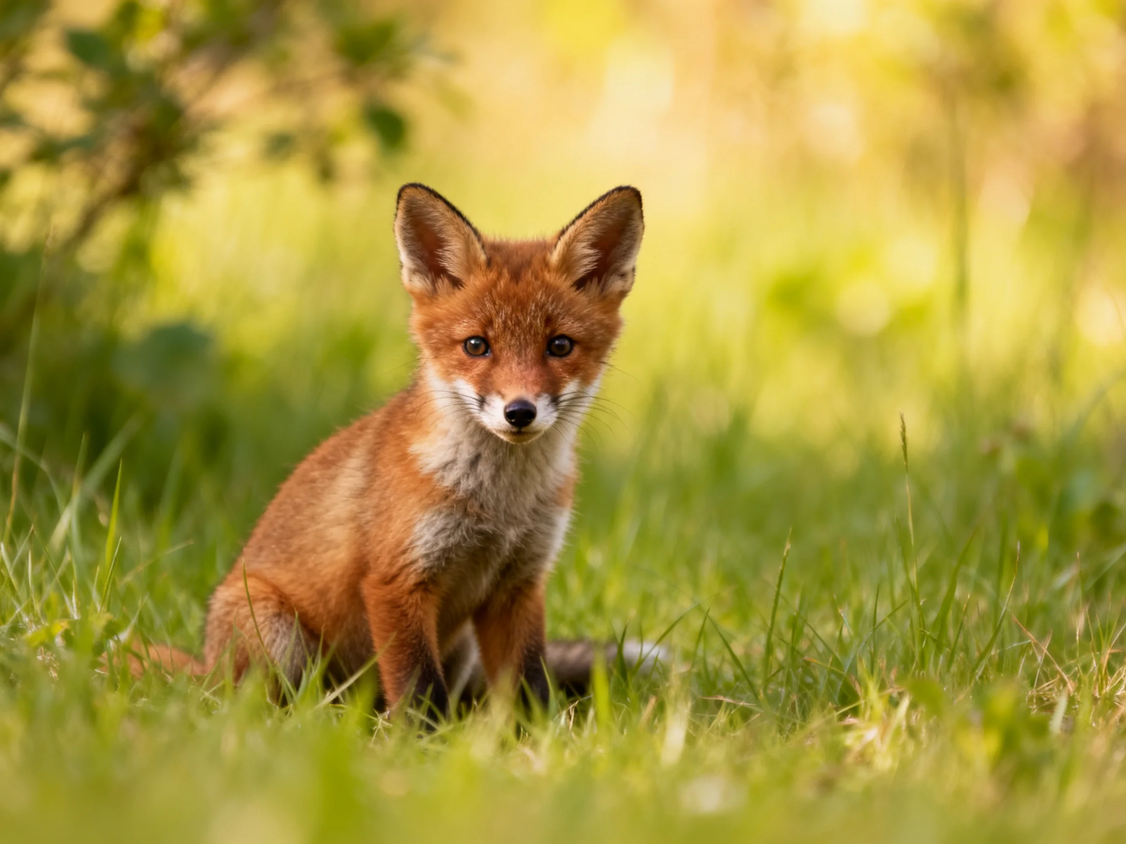 A young reddish-brown fox cub in lush green grass