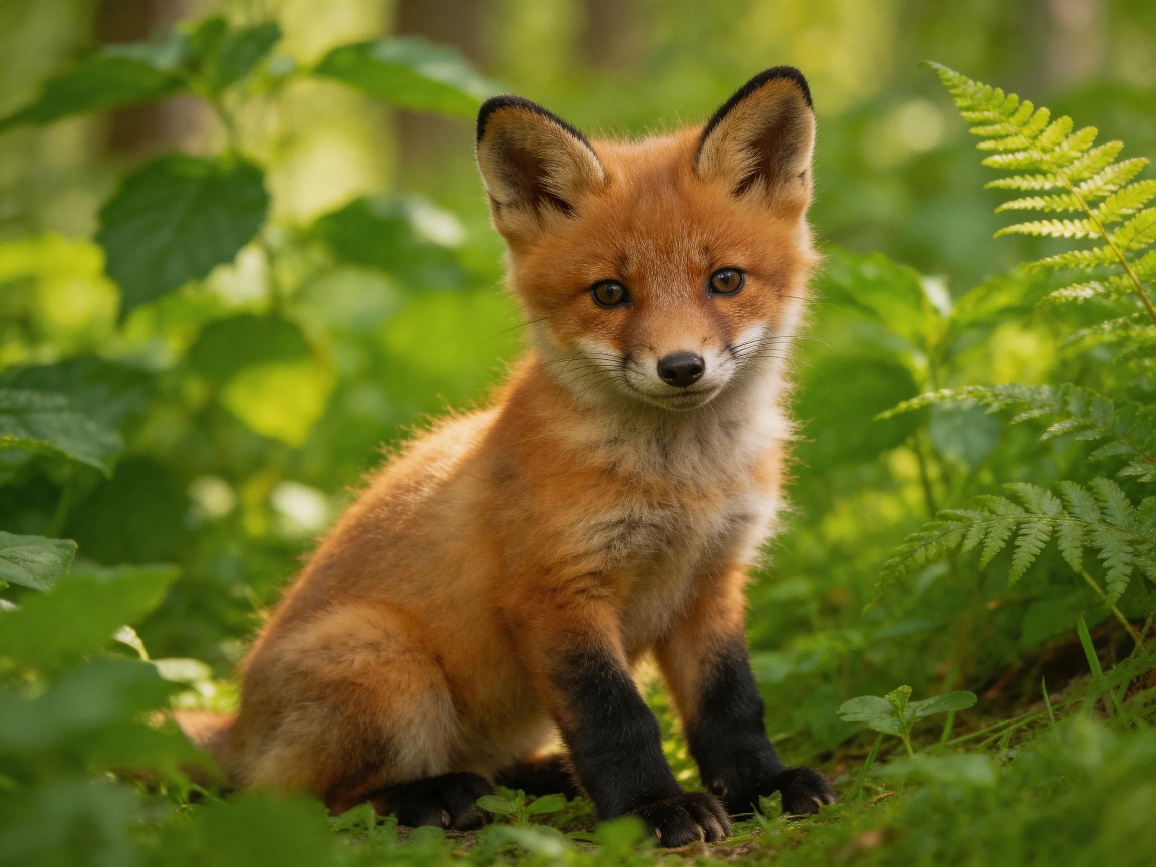 A young fox cub sits calmly among lush green vegetation.