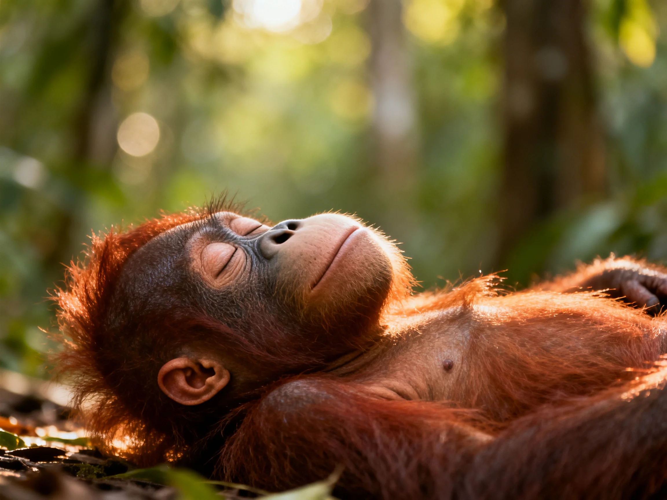 A young orangutan rests peacefully in a sunlit forest.
