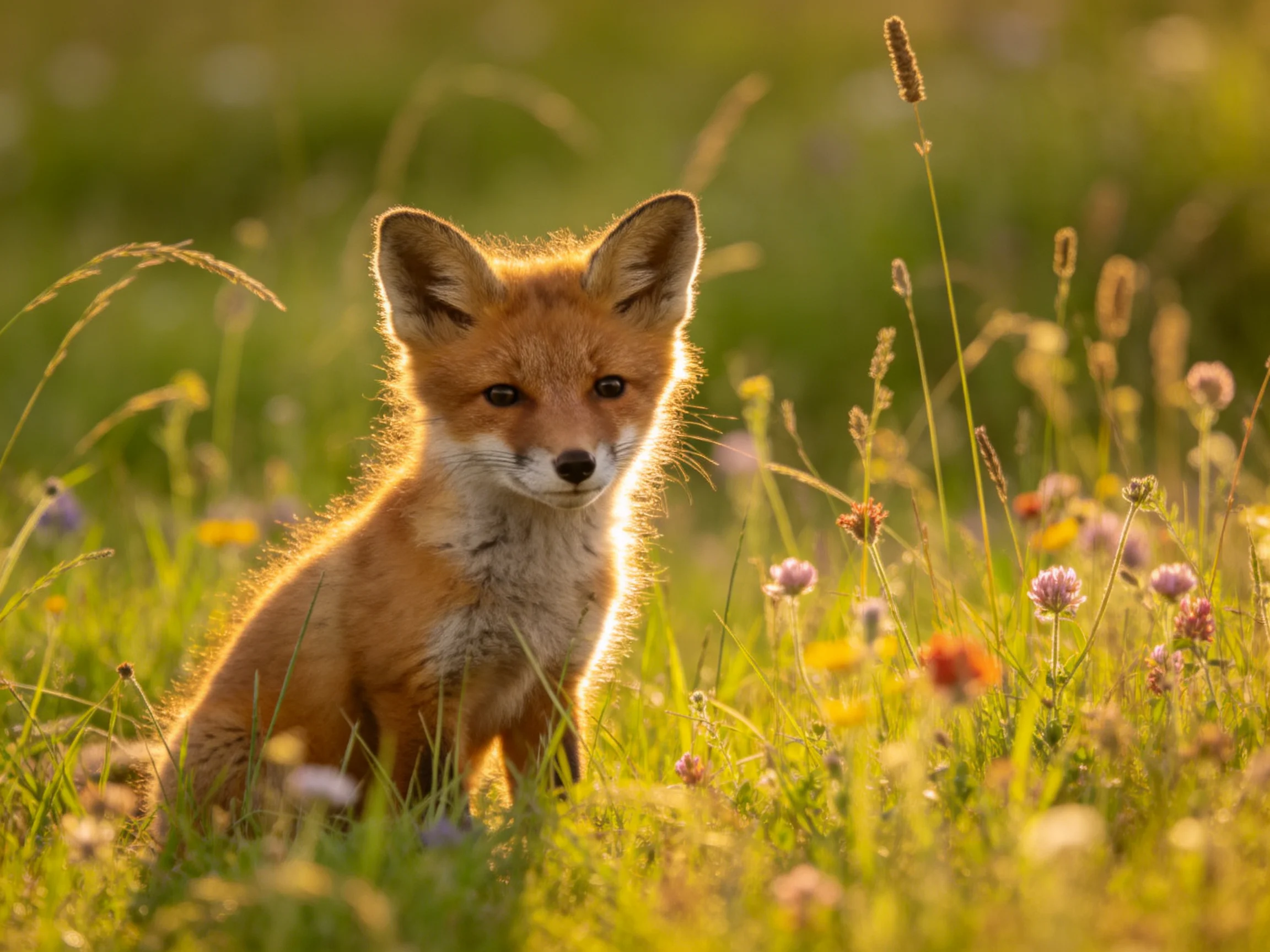 A young reddish fox cub in a sunlit meadow with wildflowers
