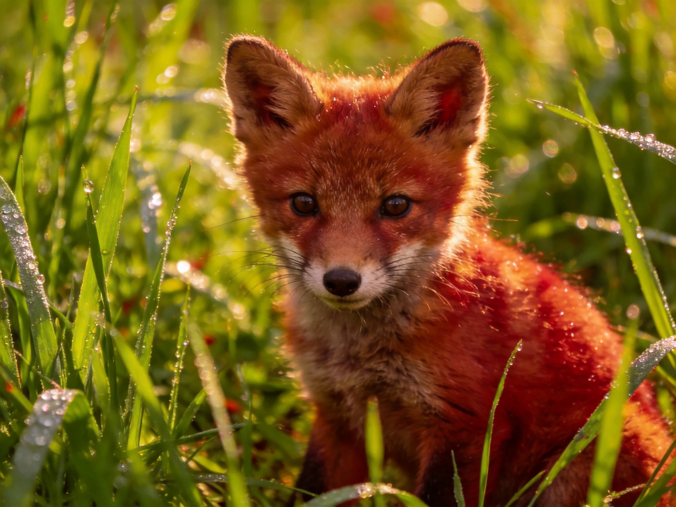 A young reddish fox cub nestled in dewy green grass