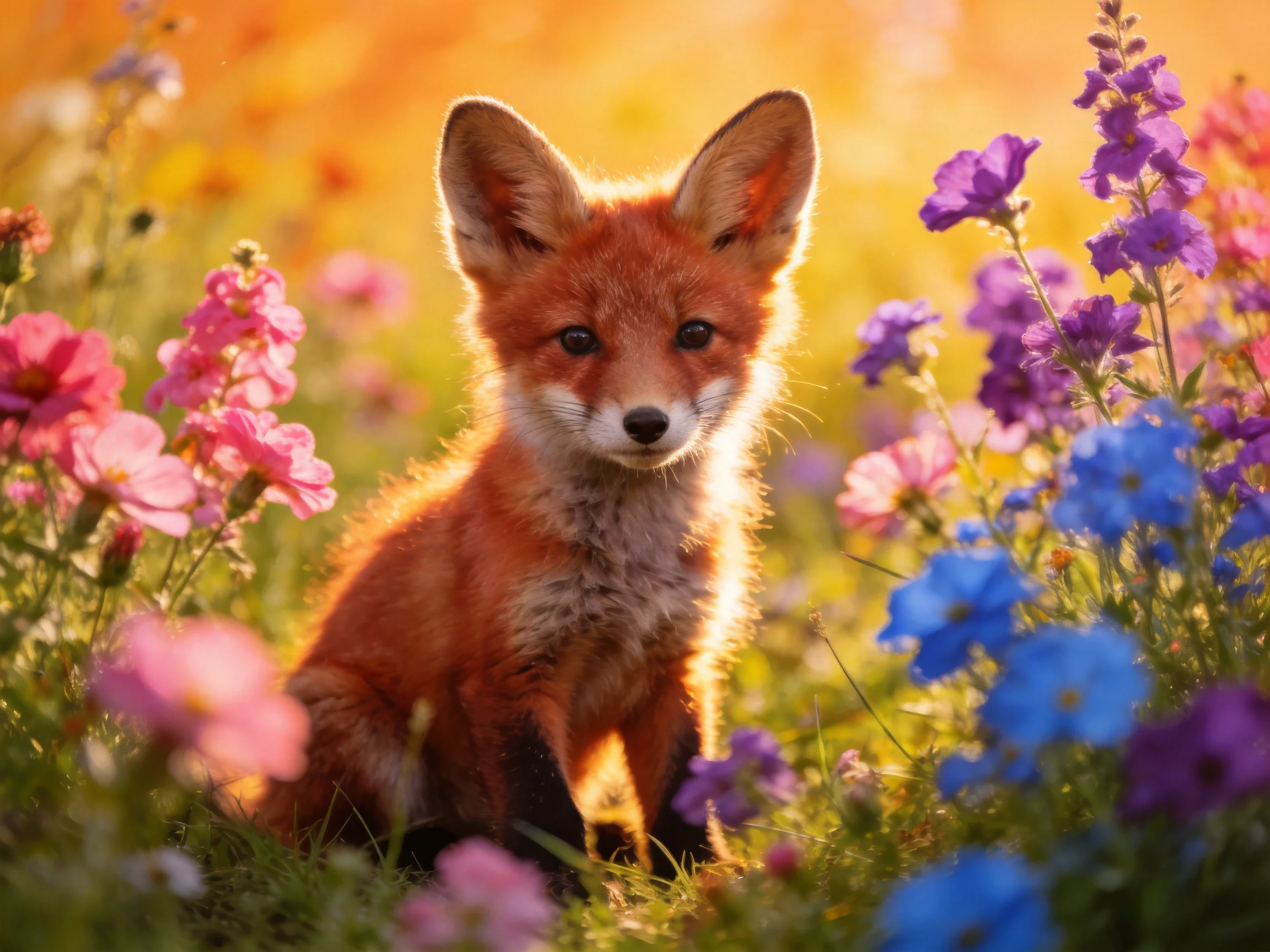 A young reddish fox cub sits amid vibrant multicolored wildflowers