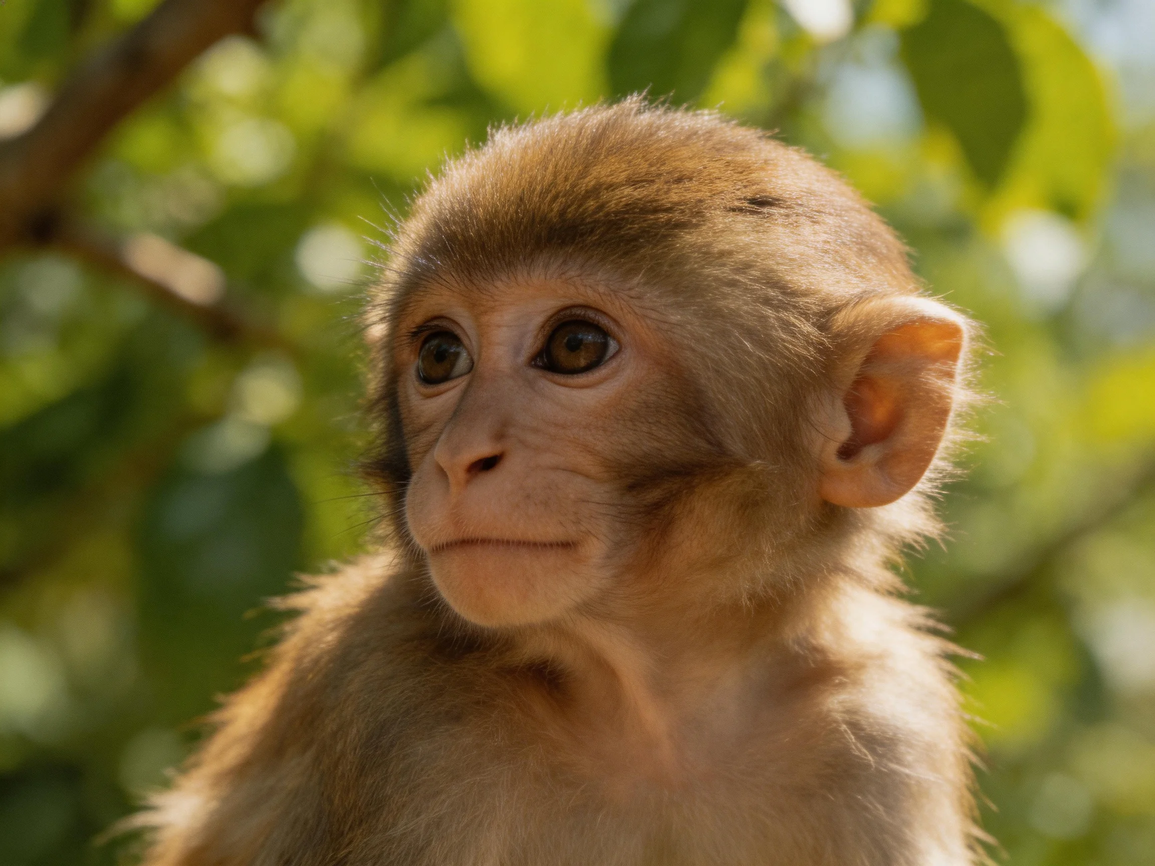 A young rhesus monkey with soft brown fur in a sunlit forest