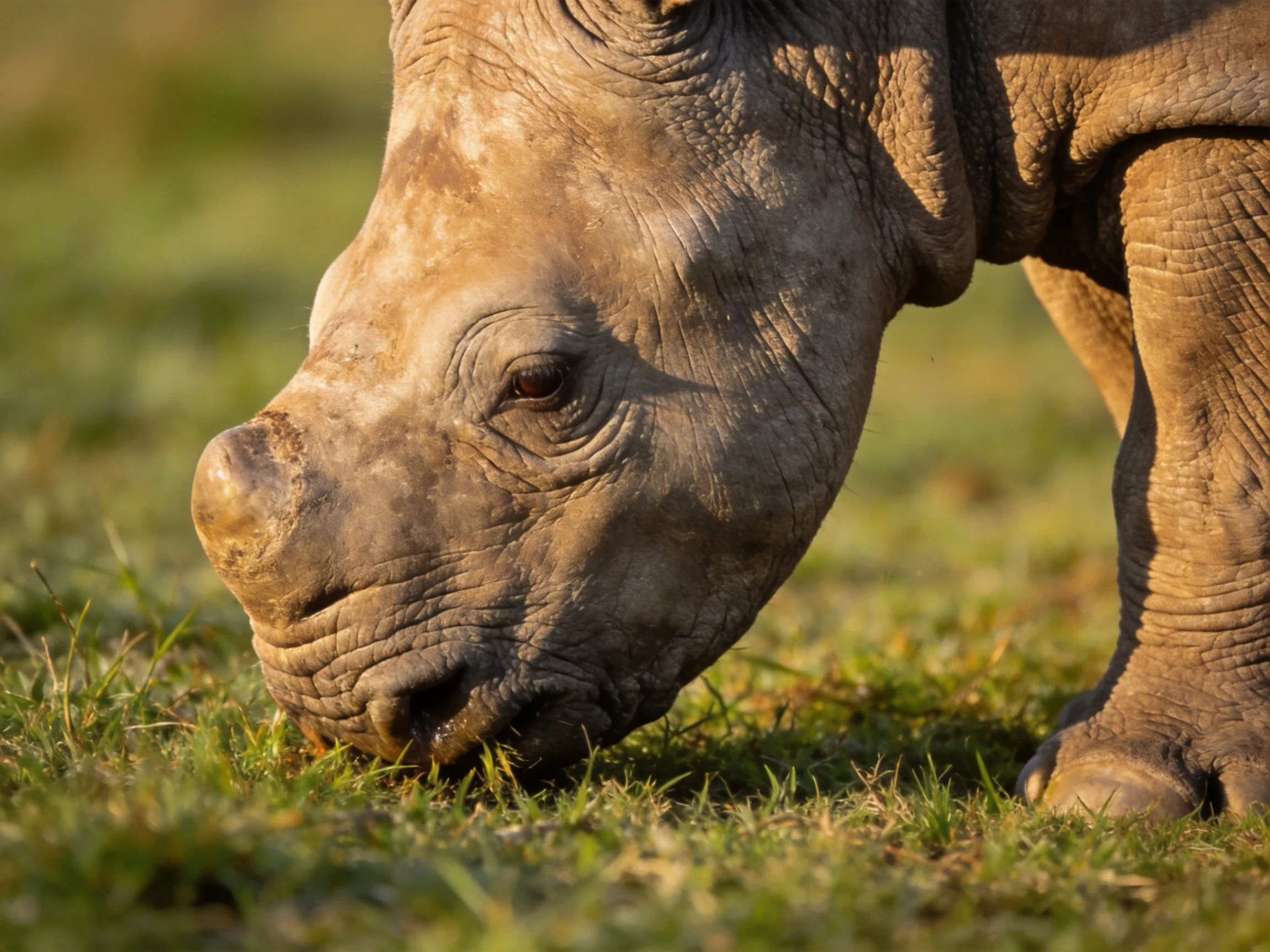 A young rhinoceros grazing in a sun-drenched grassy meadow