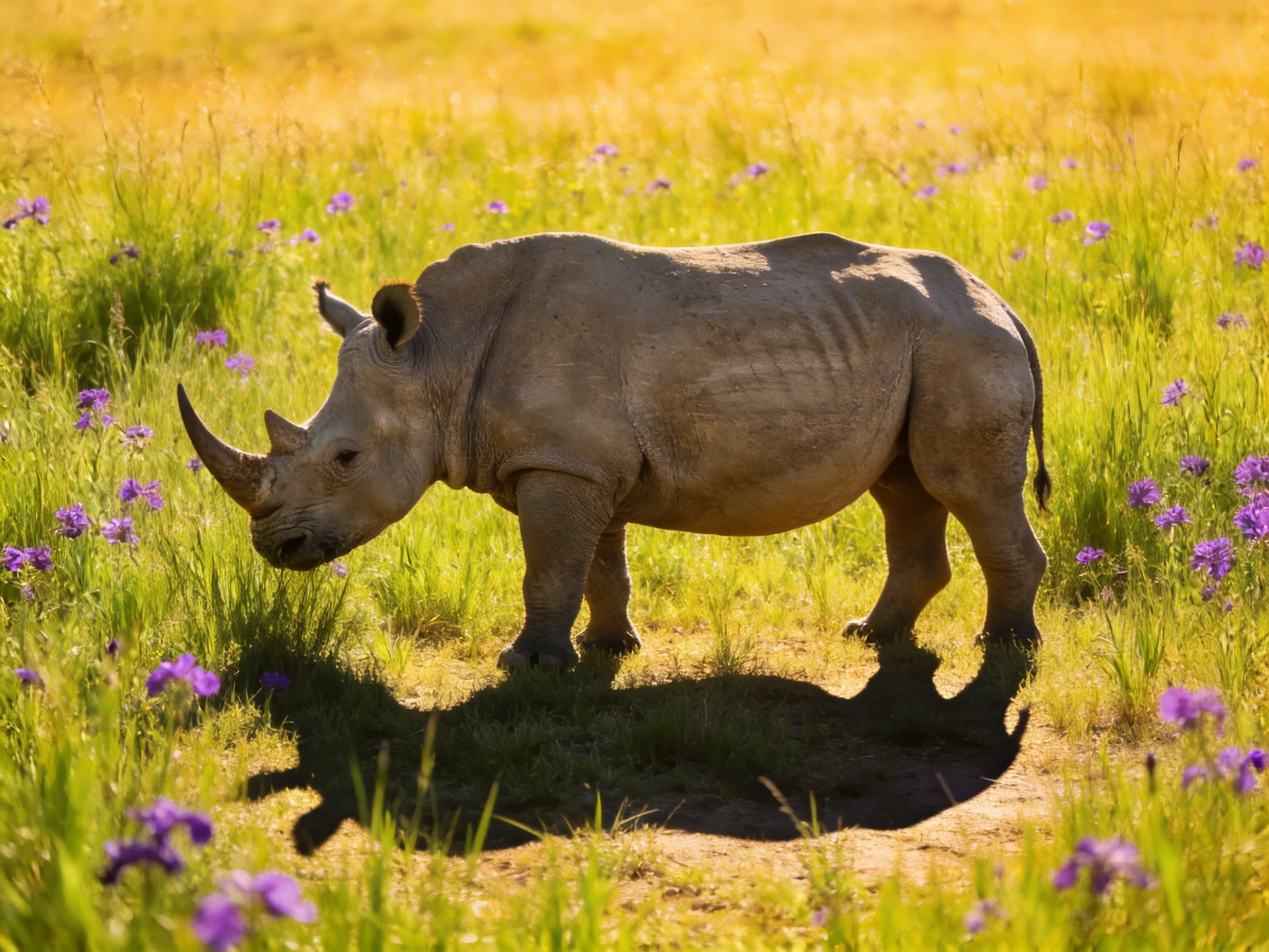 A young rhinoceros stands amid golden grass and purple wildflowers