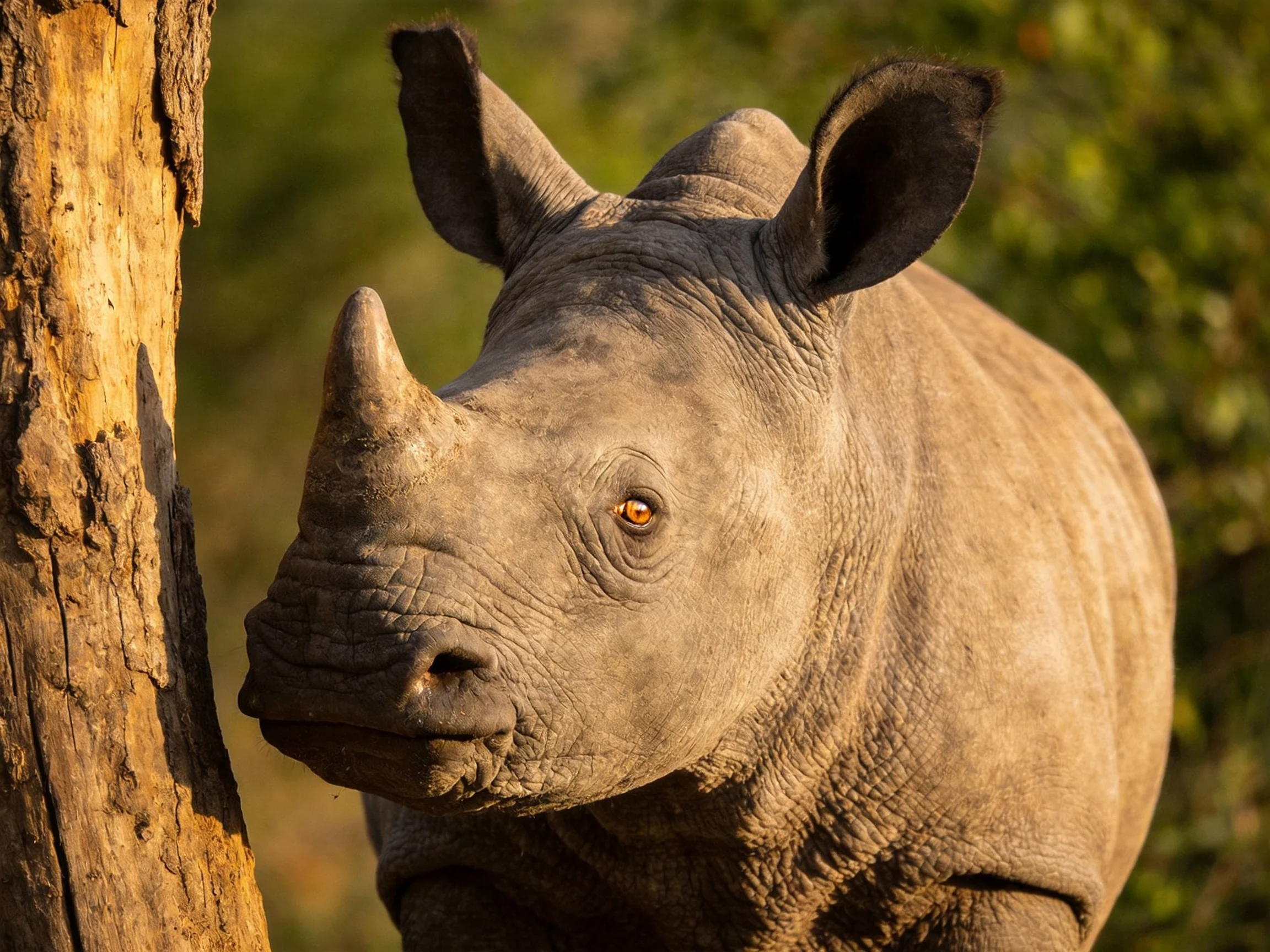 A young rhinoceros with textured gray skin beside a weathered tree trunk