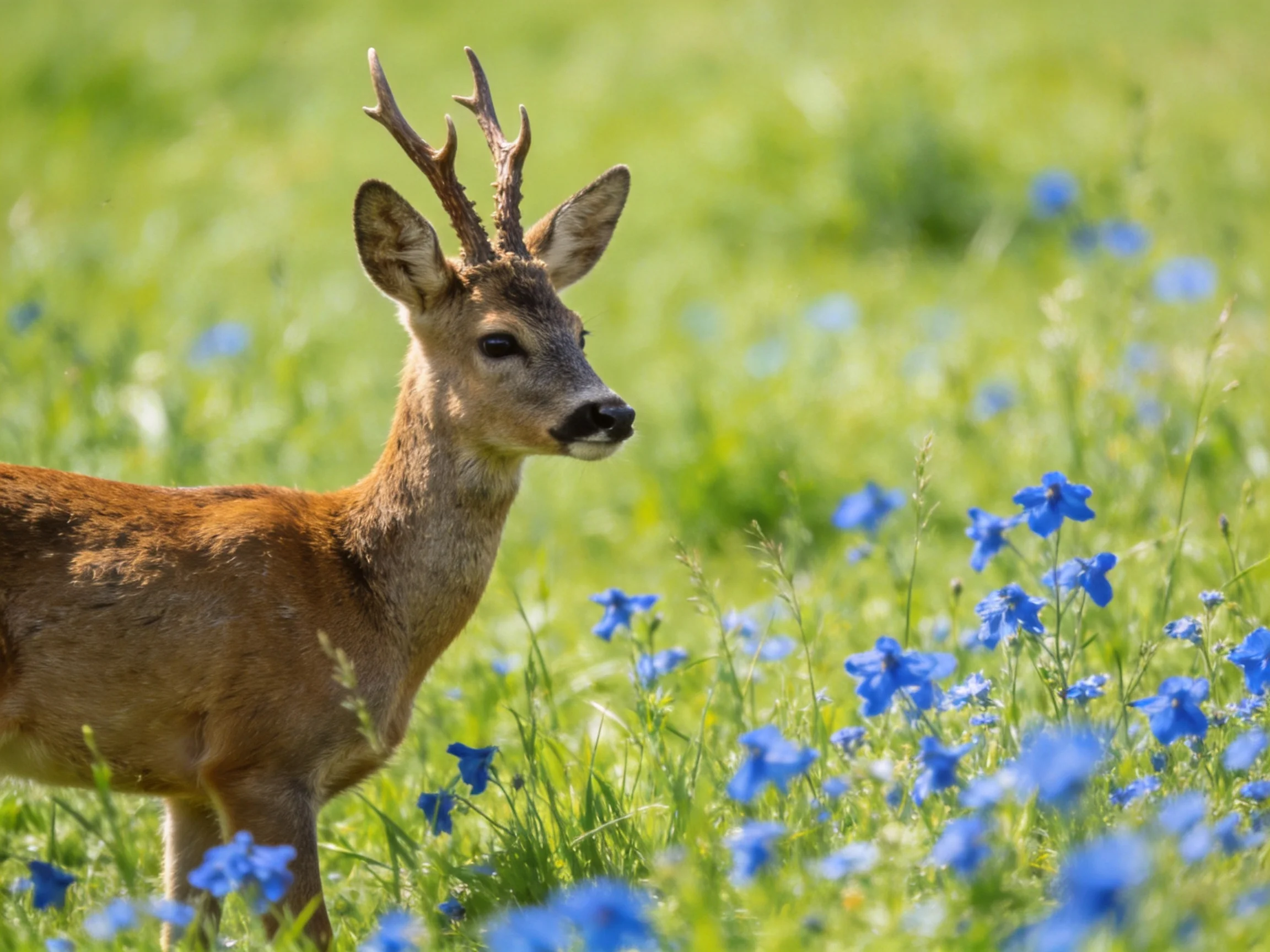 A young roebuck amid vibrant blue wildflowers in a sun-drenched meadow