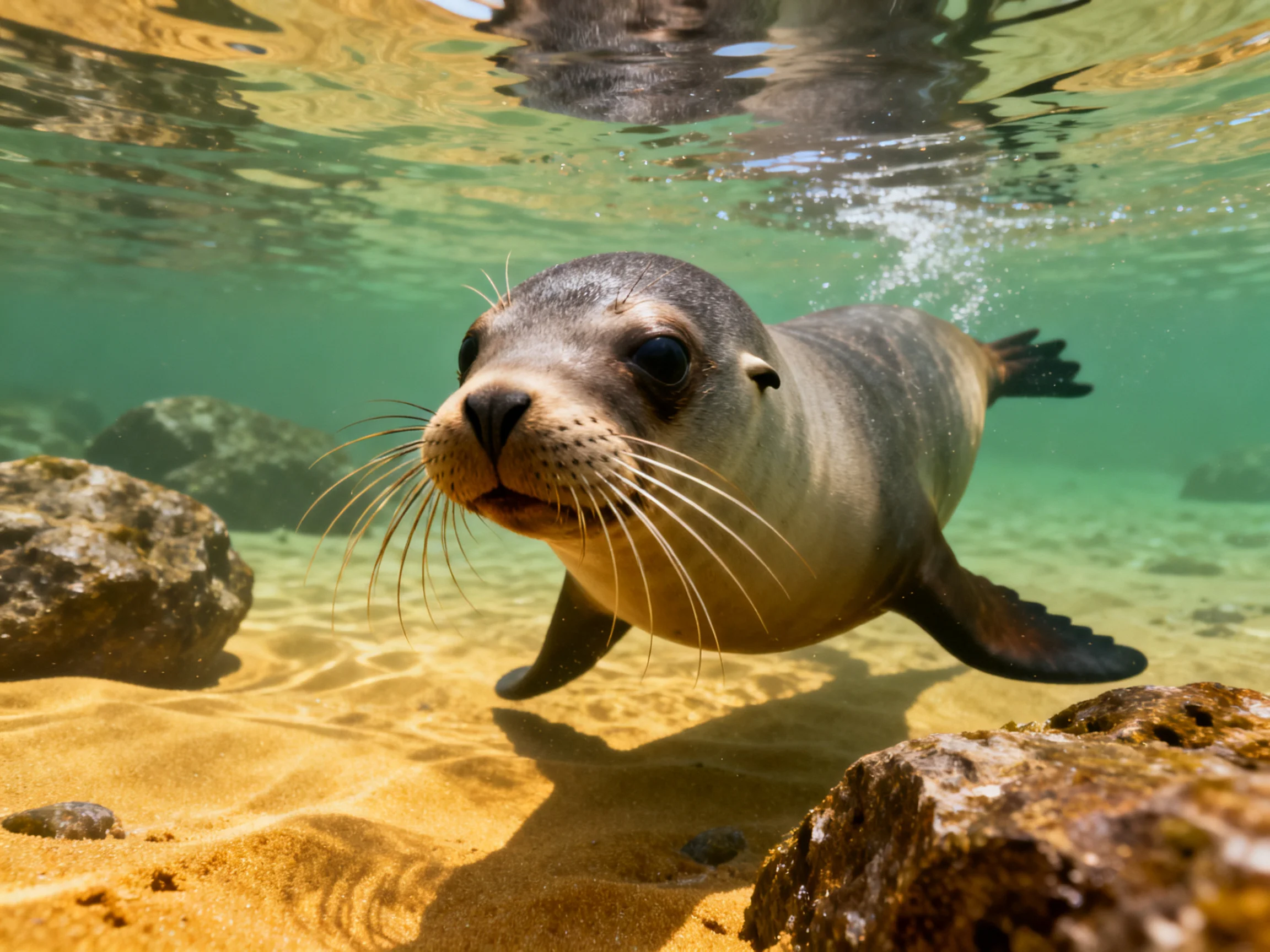 A young sea lion swims near rocks and sandy bottom in clear water.