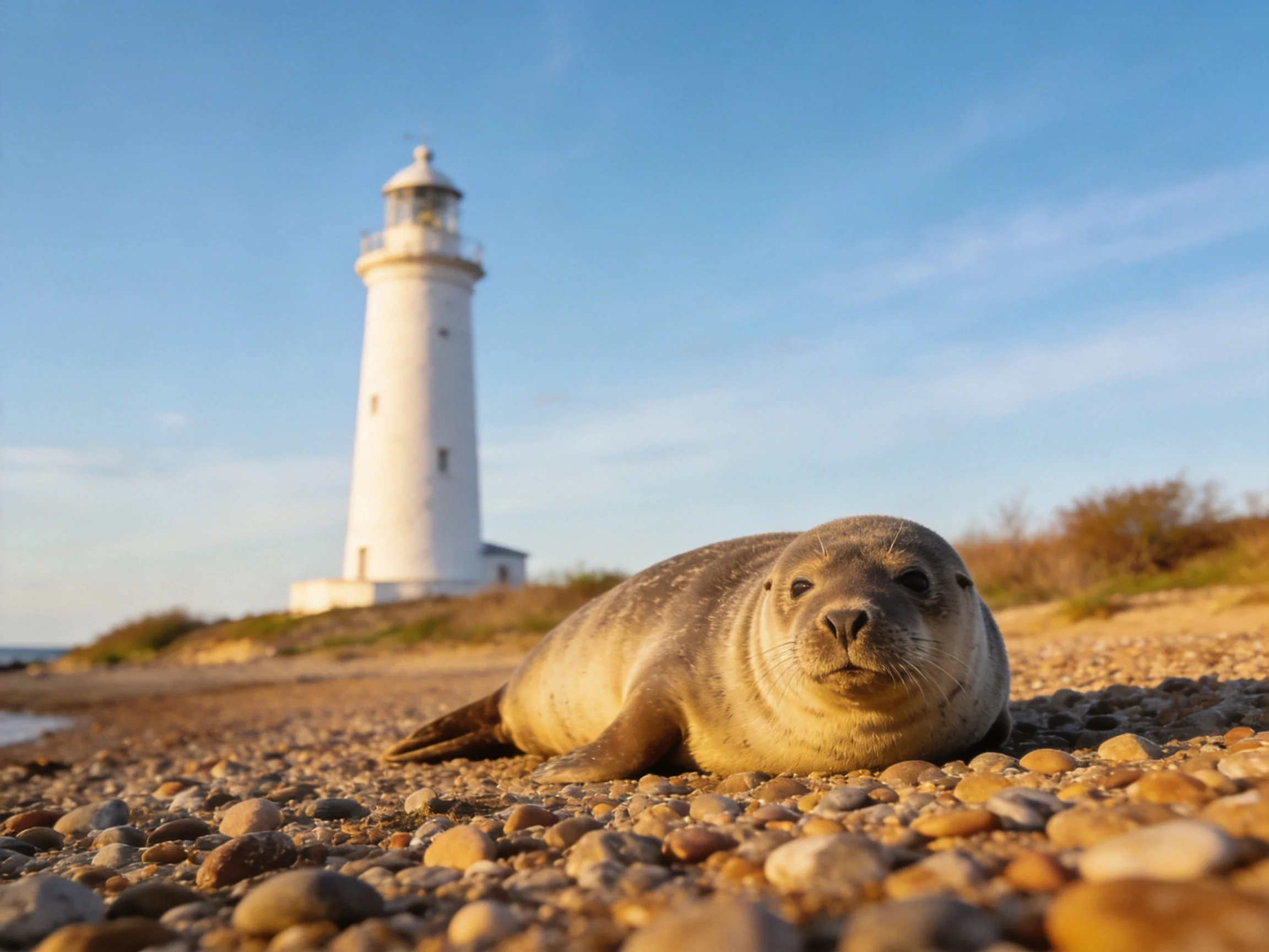 A young seal rests on pebbles by a tall white lighthouse