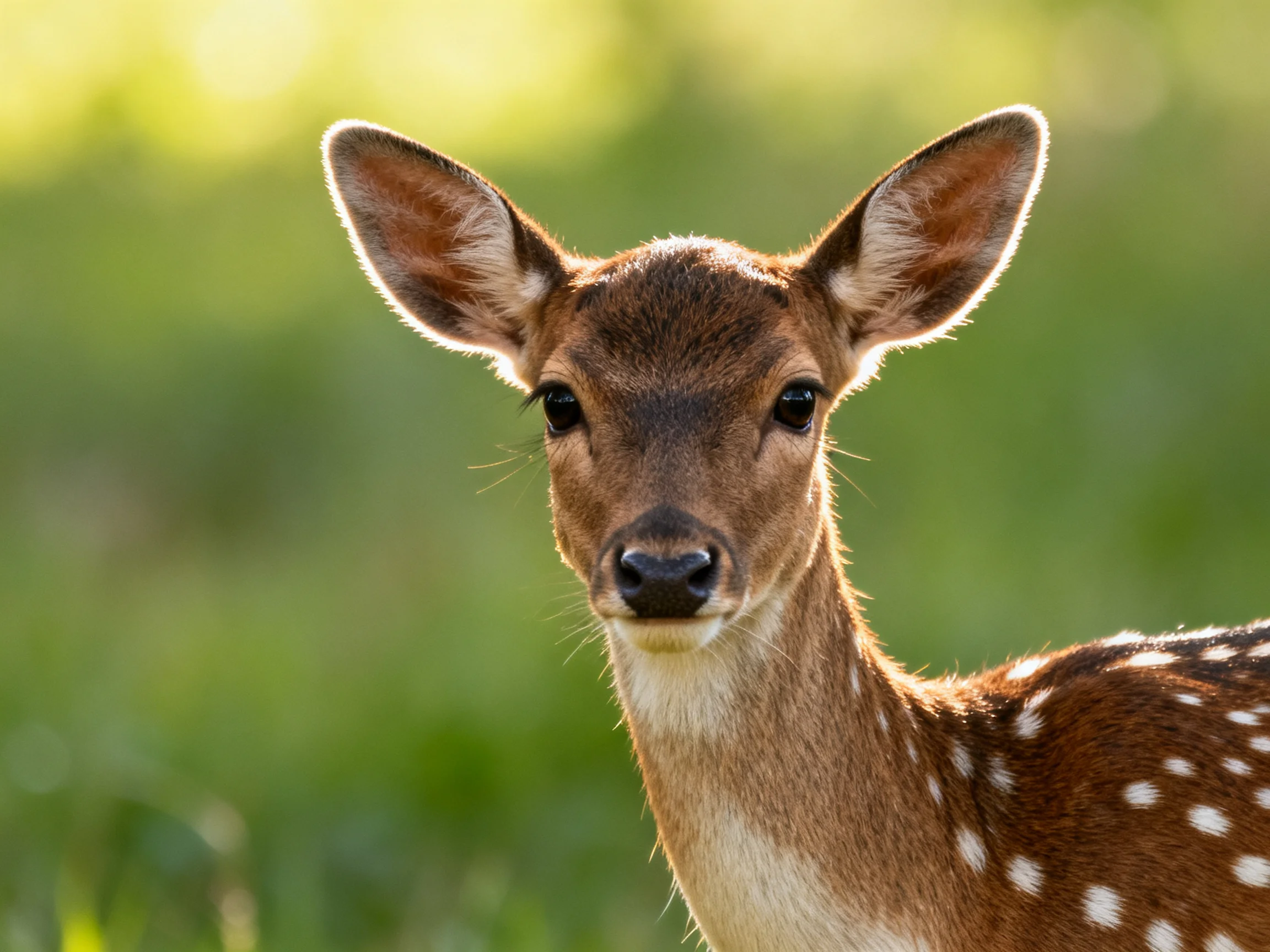 A young spotted deer fawn looks directly at the camera in a sunlit natural setting.