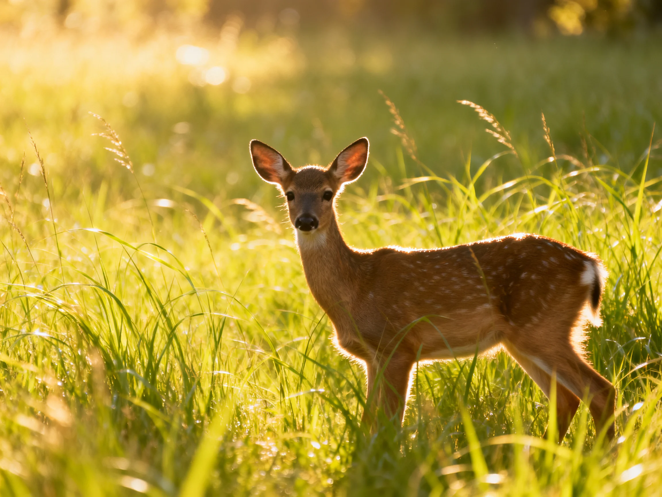 A young spotted deer fawn in sunlit tall green grass