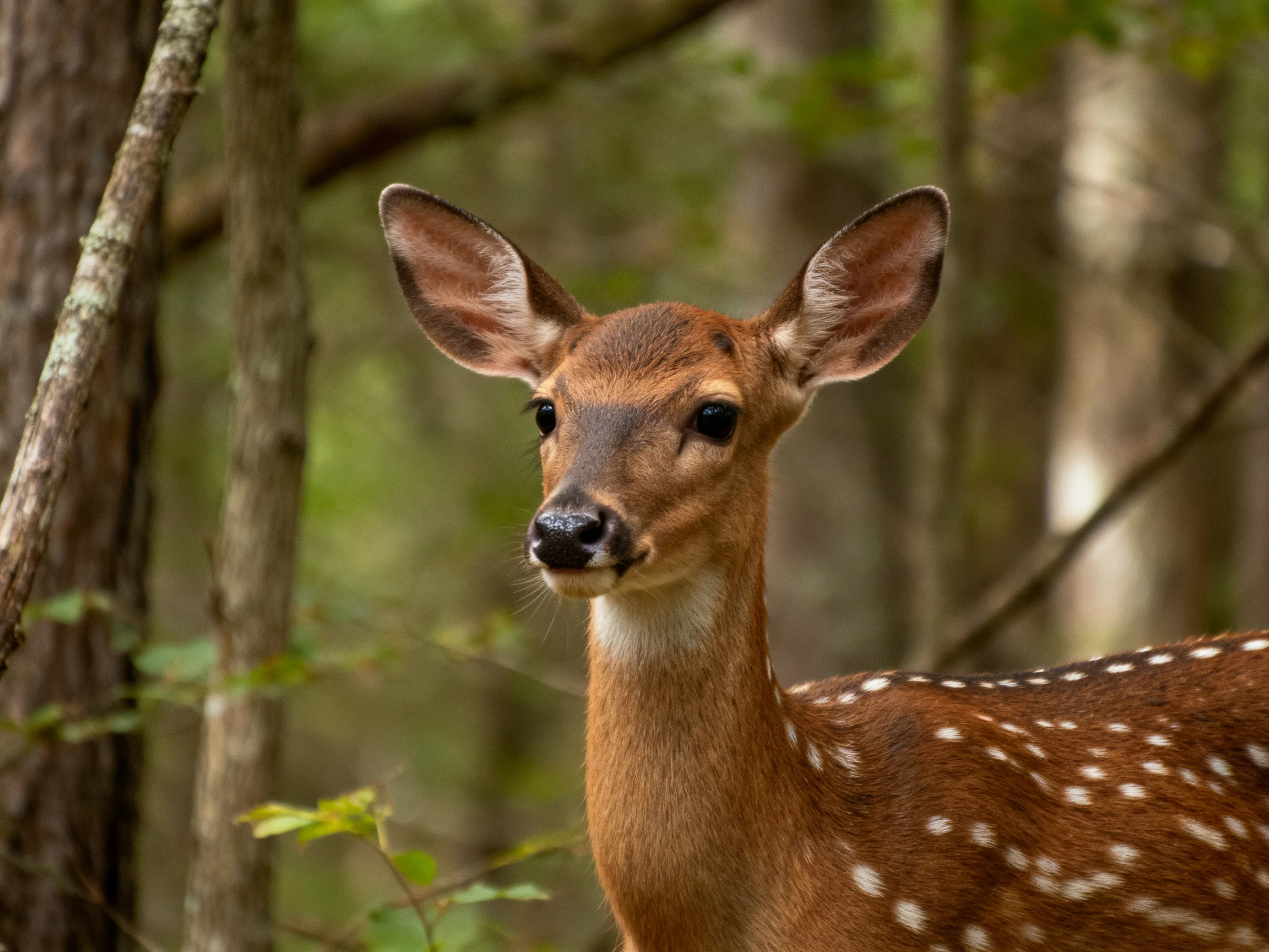 A young spotted deer stands among tall trees in a forest.