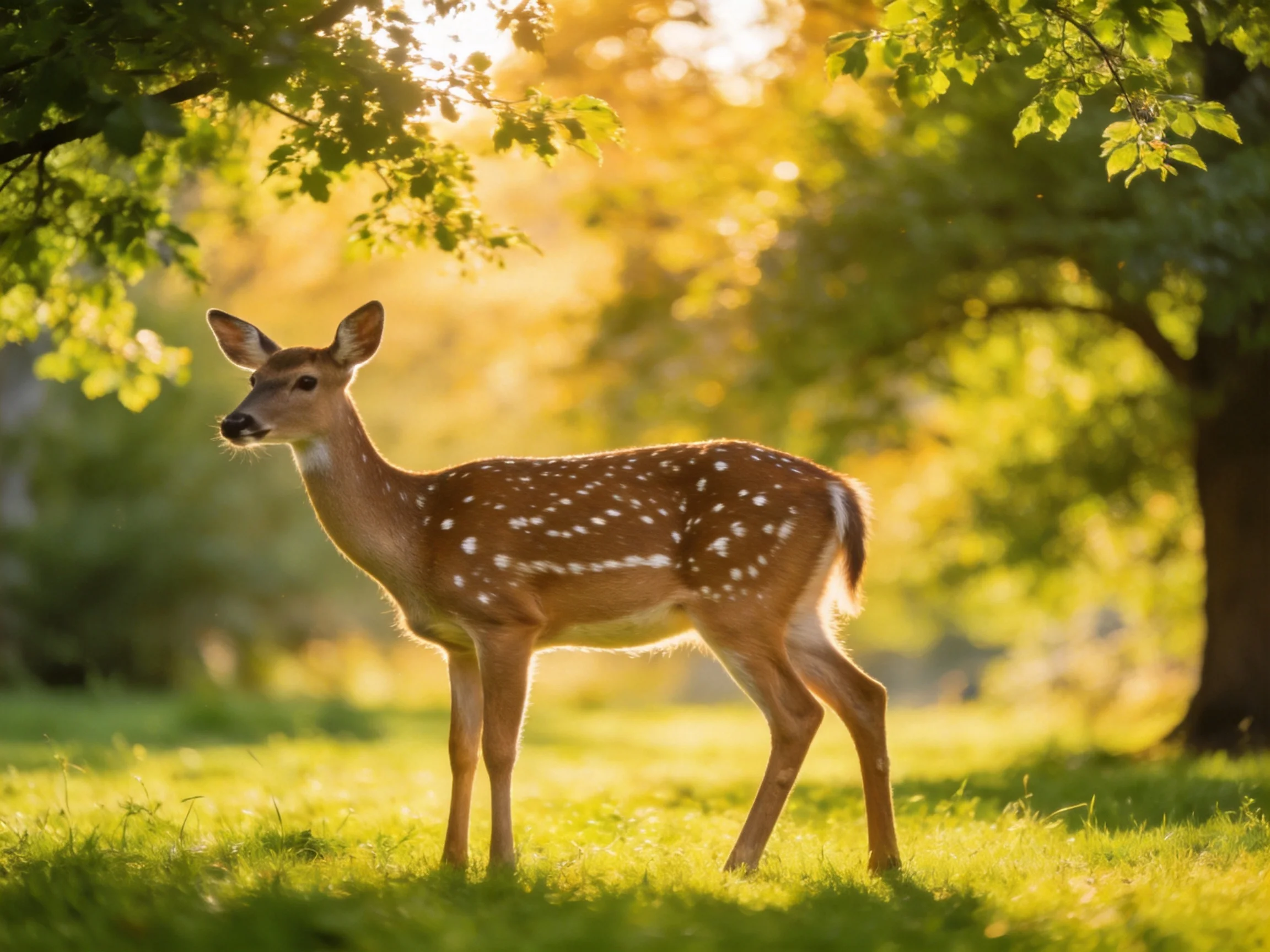 A young spotted deer in a sun-drenched forest glade