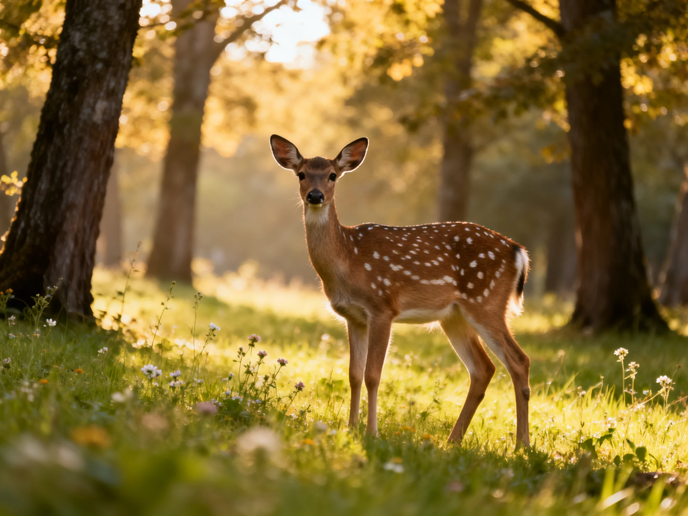 A young spotted deer in a sunlit forest clearing