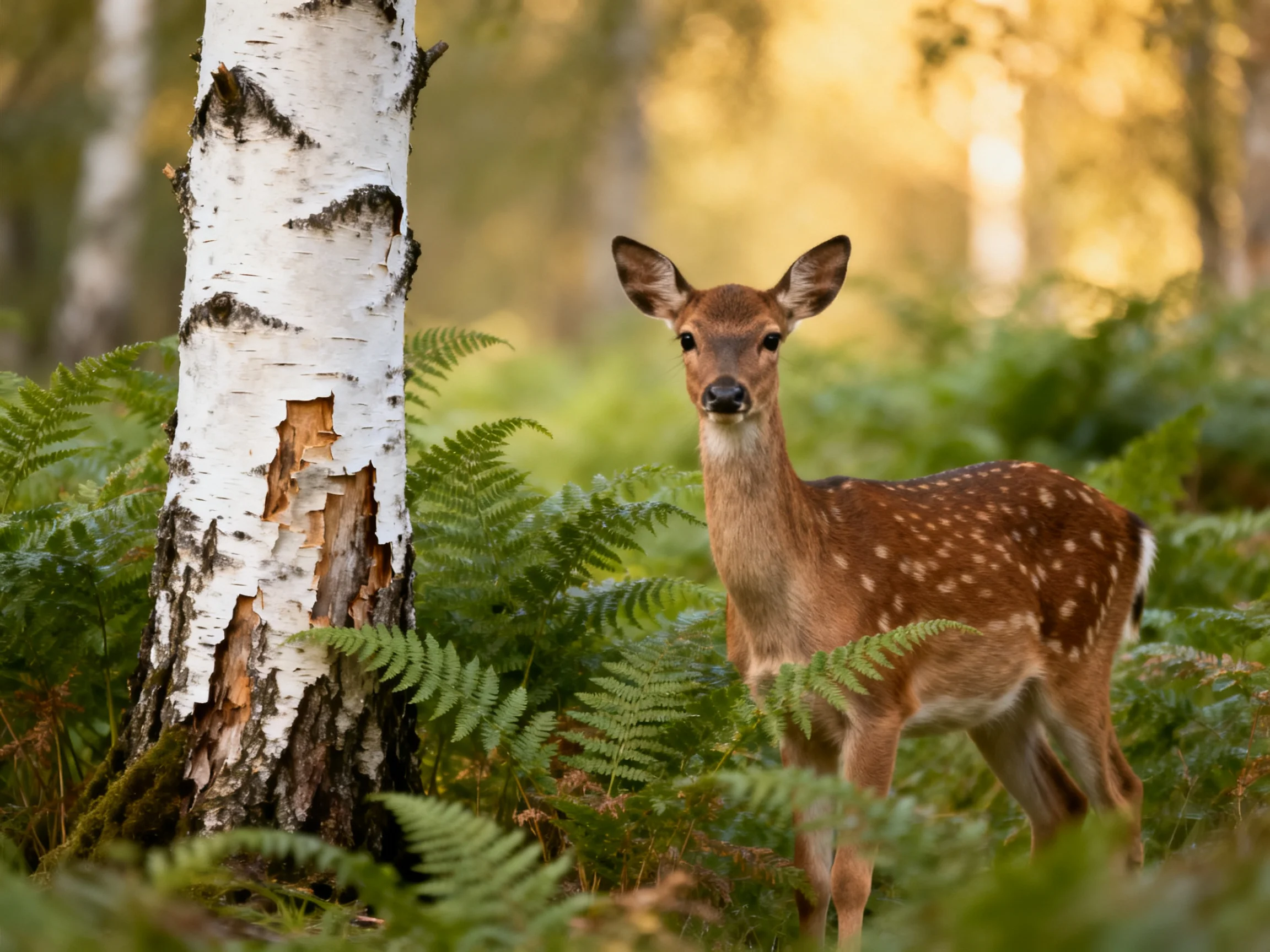 A young spotted deer stands by a white birch tree amid dense ferns in a sunlit forest.