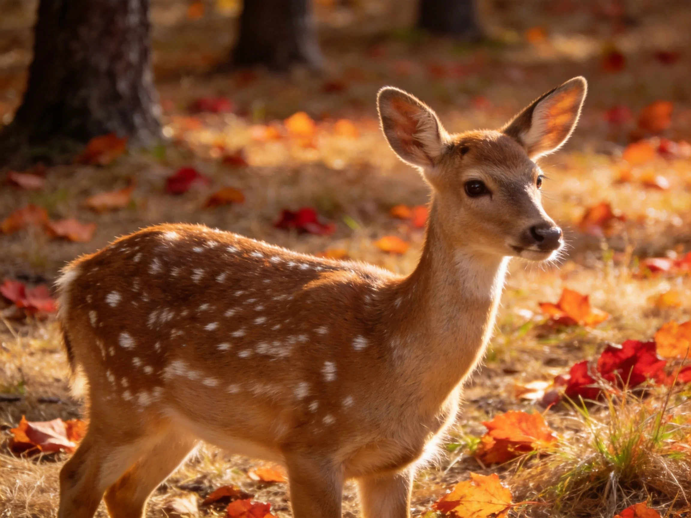 A young spotted deer is surrounded by vibrant autumn leaves in a sunlit forest setting.