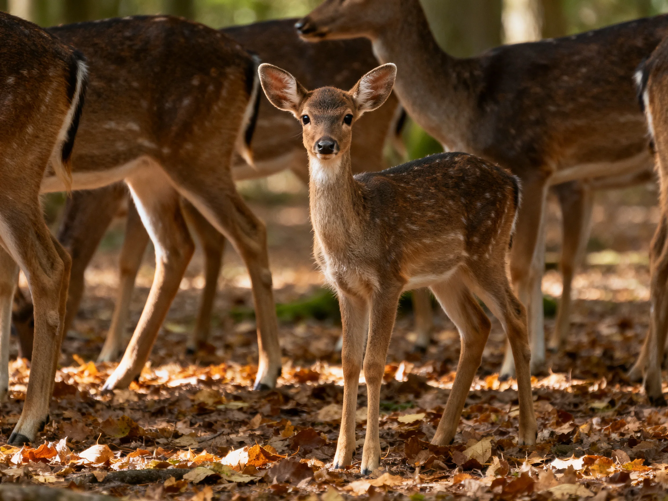 A young spotted deer stands among larger deer in a leaf-littered forest