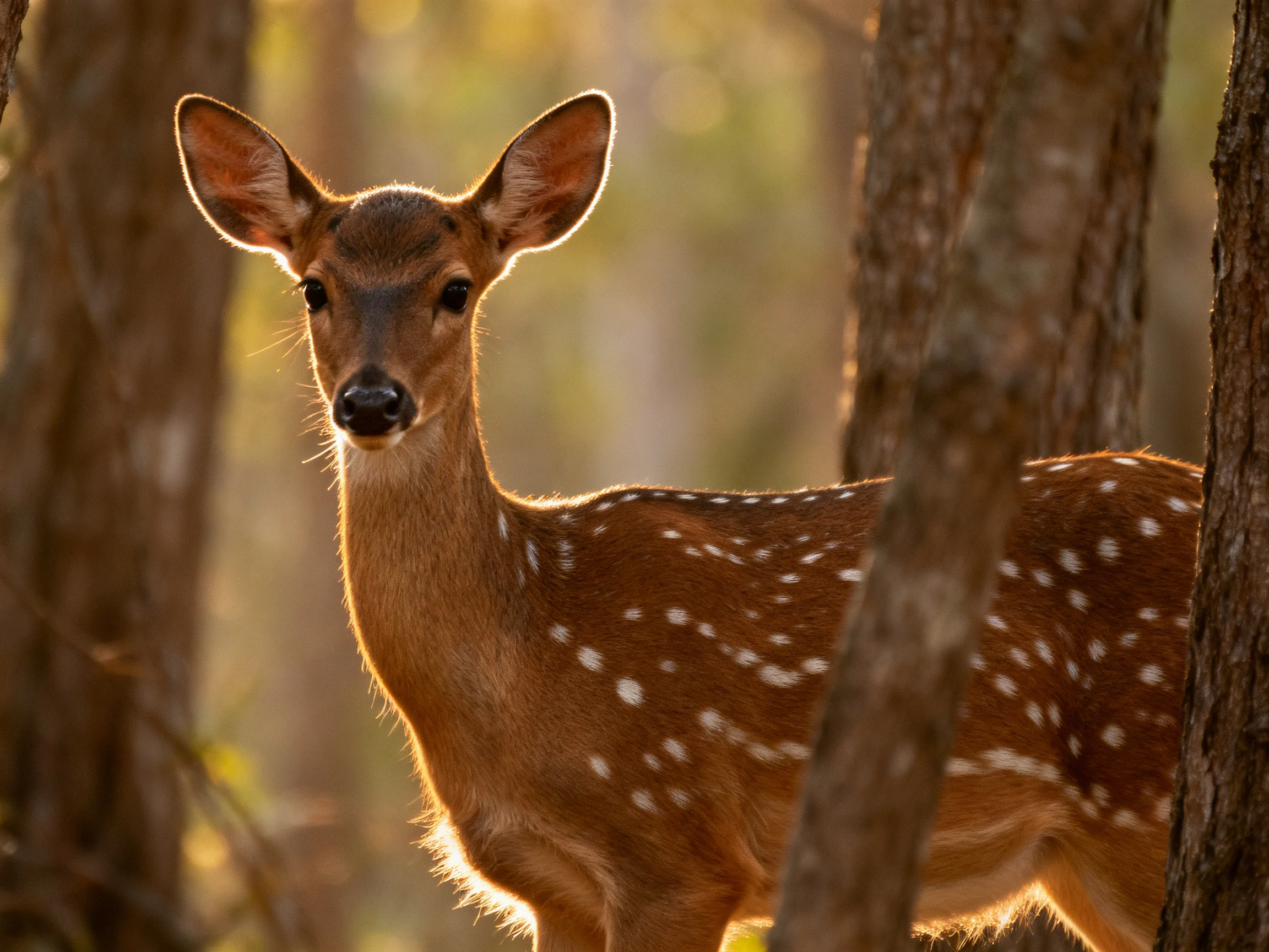 A young spotted deer stands among tall forest trees in golden light