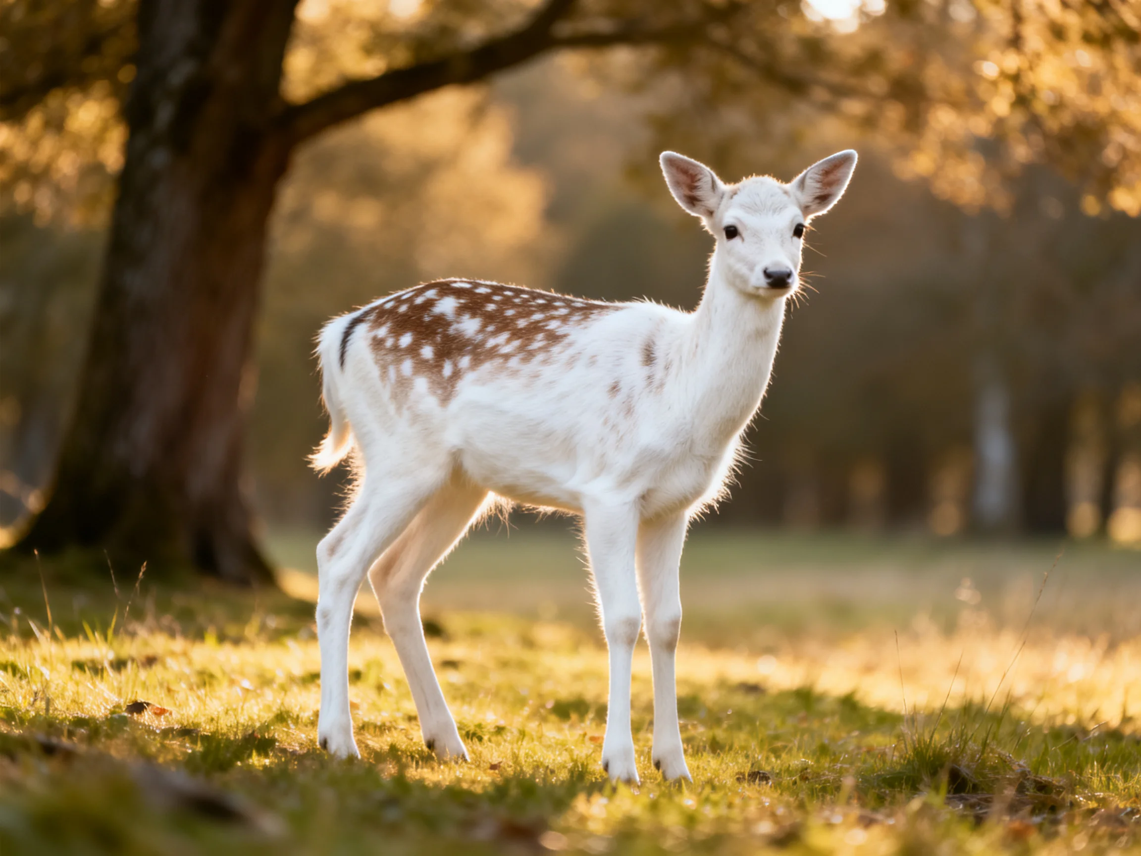A young spotted deer stands in a sunlit forest.