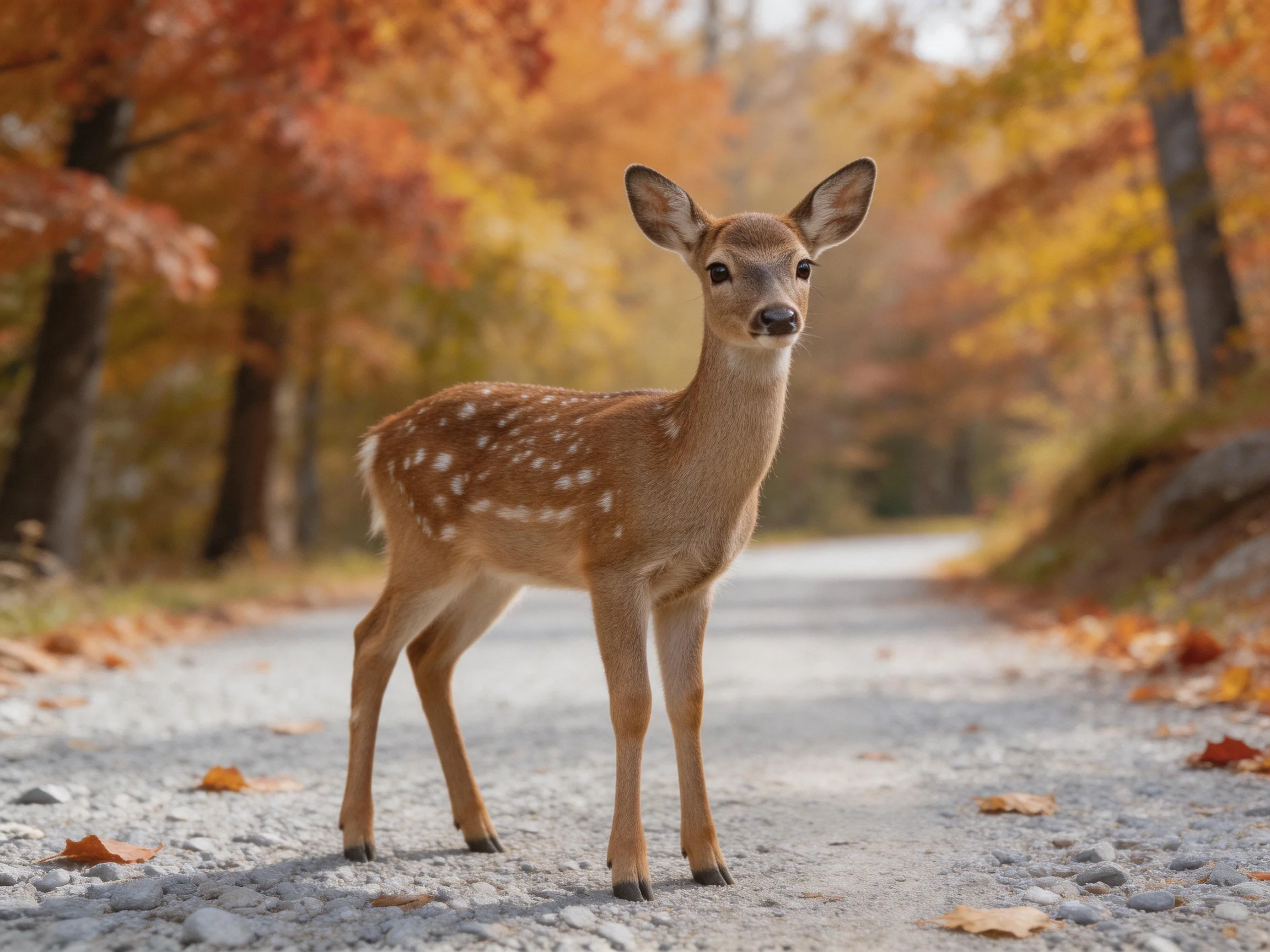 A young spotted deer stands on a gravel path amid autumn foliage