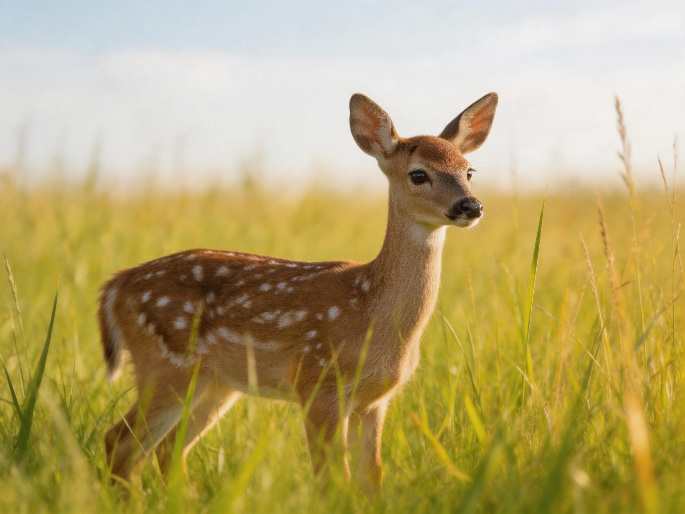 A young spotted deer with brown and white spots stands in tall green meadow grass