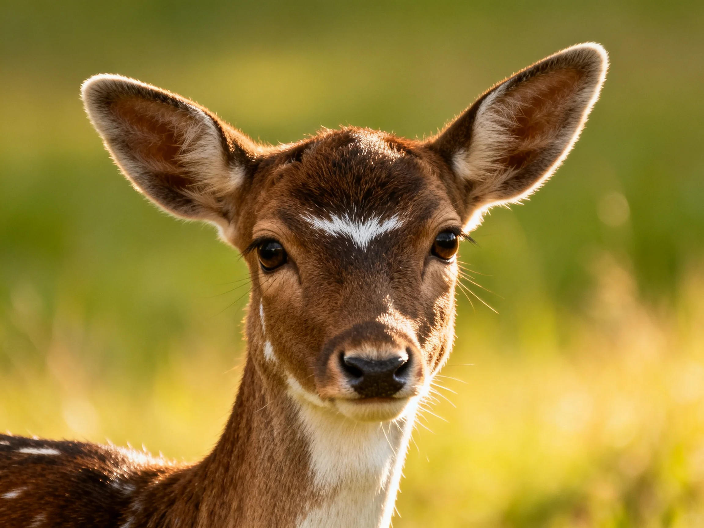 A young spotted deer with brown fur and white markings in a sunlit meadow